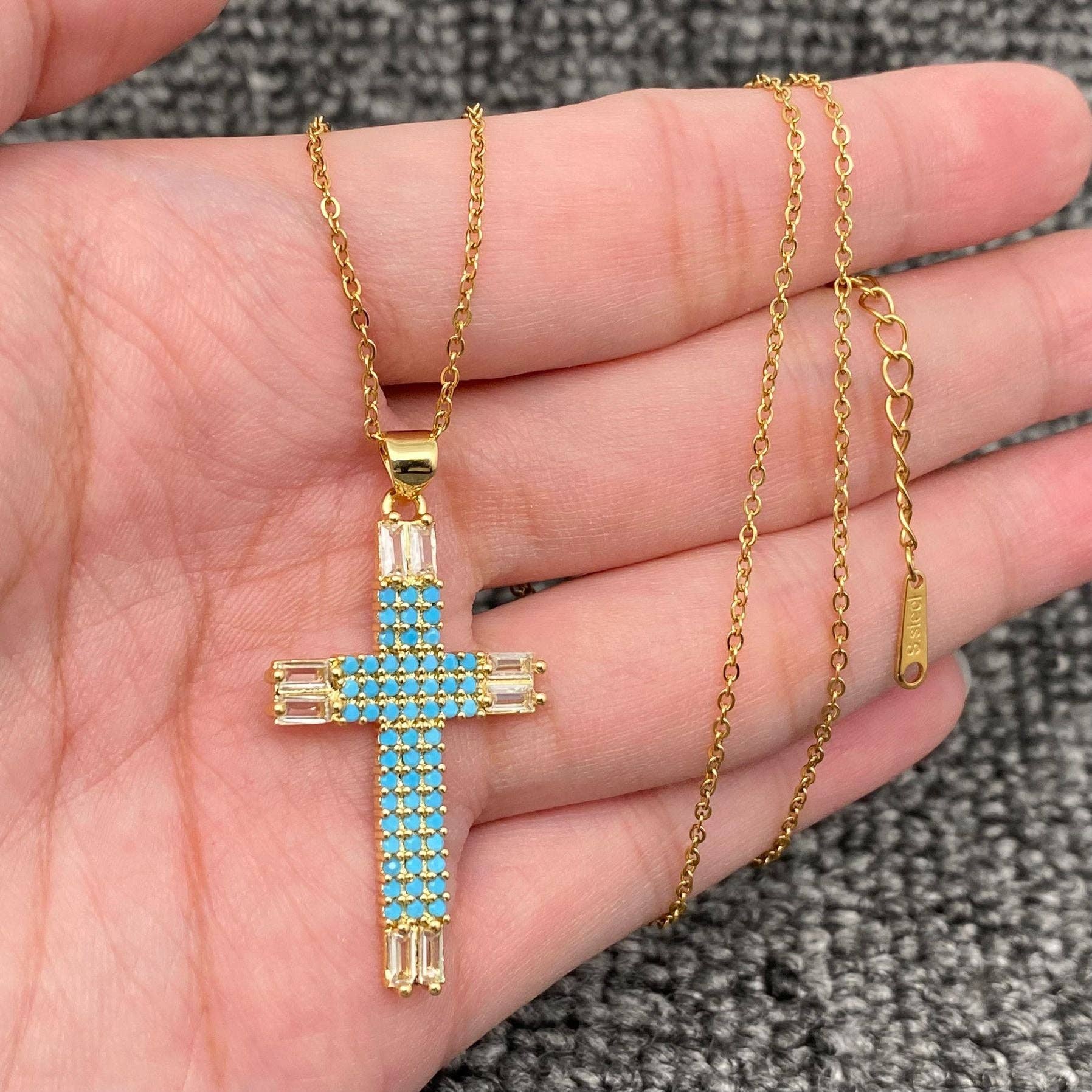 Multi Style Rhinestone & CZ Cross Charm Golden Necklace