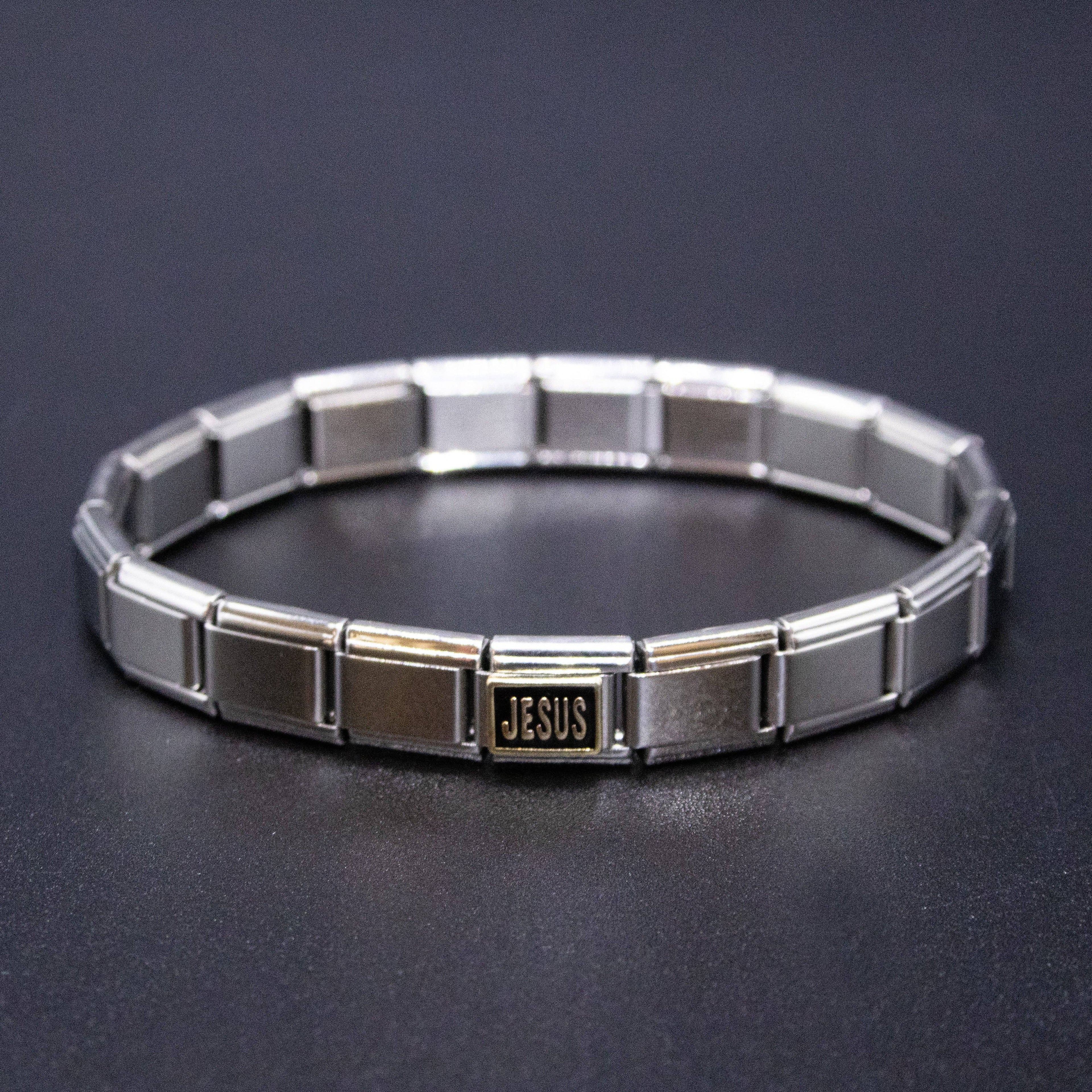 Italian Bracelet Charms - "JESUS" (Black & Gold) Religious 9mm Links