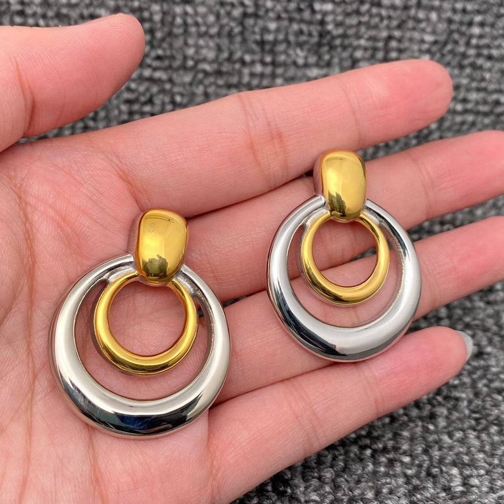 Two Tone 18K Gold Plated SS Hollow Round Post Earrings - FGS