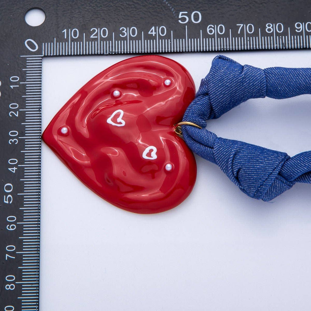 Stainless Steel Red Molten Heart Shell Pearl Blue Denim Scarf Handmade Necklace | WA-3982