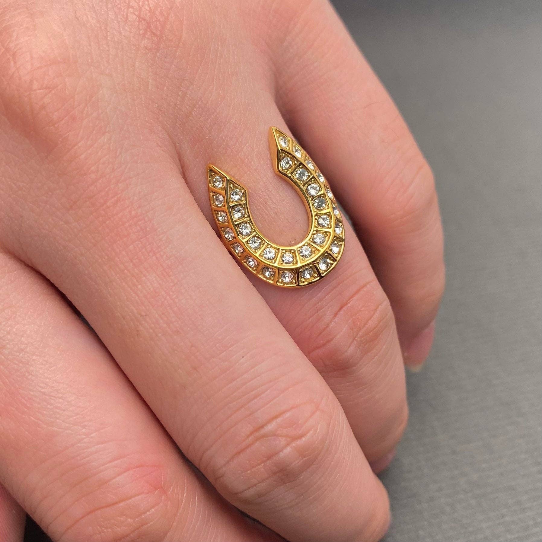 Full Zircon Inlaid Horseshoe 18K Gold Plated SS Ring - FGS