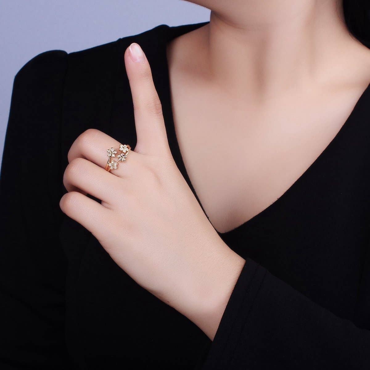 16K Gold Filled Multiple Daisy Flower Clear CZ Open Adjustable Ring | O-1781 O-1782
