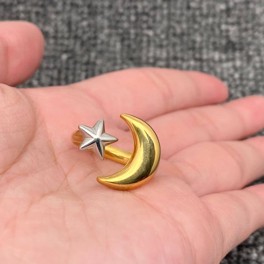 Two Tone Star Moon 18K Golden SS Adjustable Ring - FGS/MS
