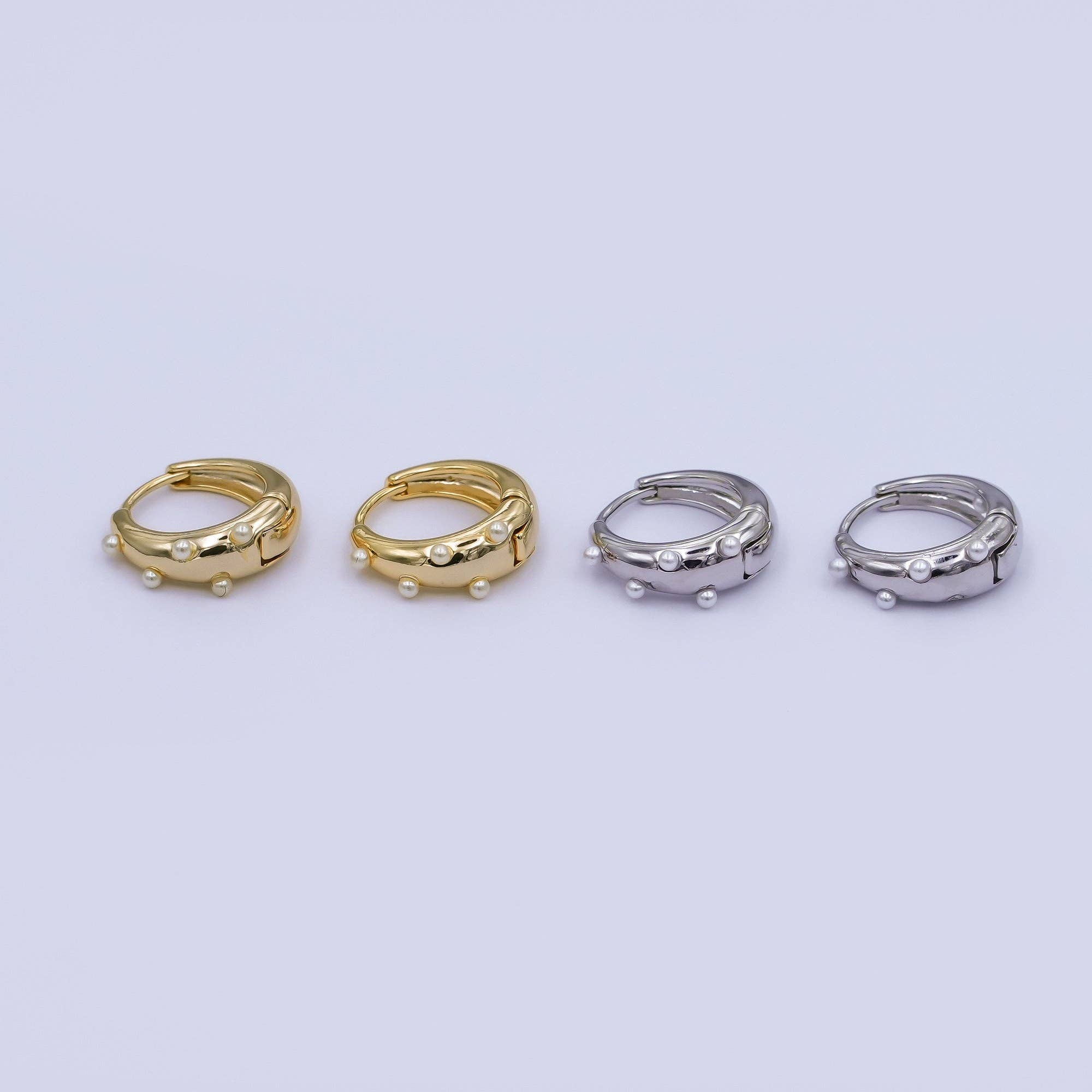 24K Gold Plated 14.5mm Shell Pearl Dotted Huggie Earrings in Gold & Silver | AE423 AE628