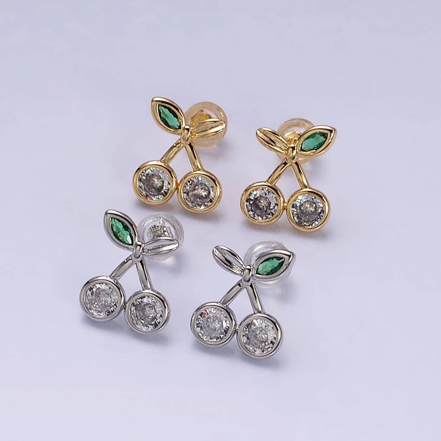 Gold Filled Clear CZ Cherry Fruit Green Leaf Stud Earrings