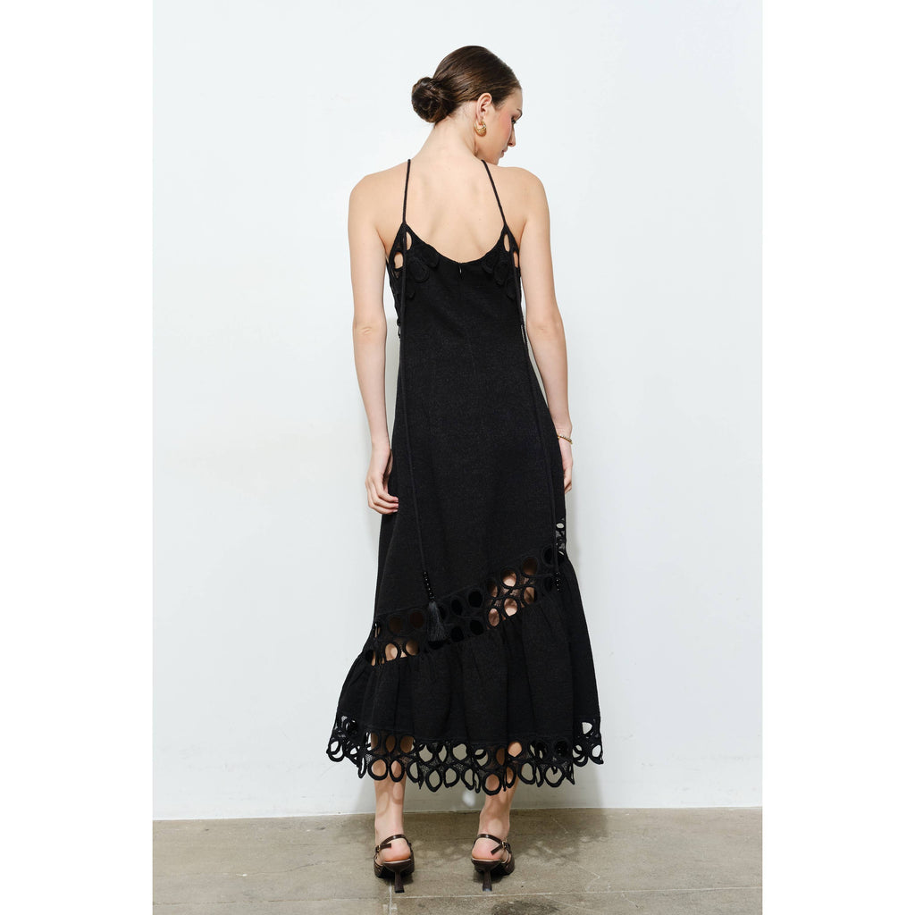 Chic Textured Lace Halter Tassel Draped Midi Dress