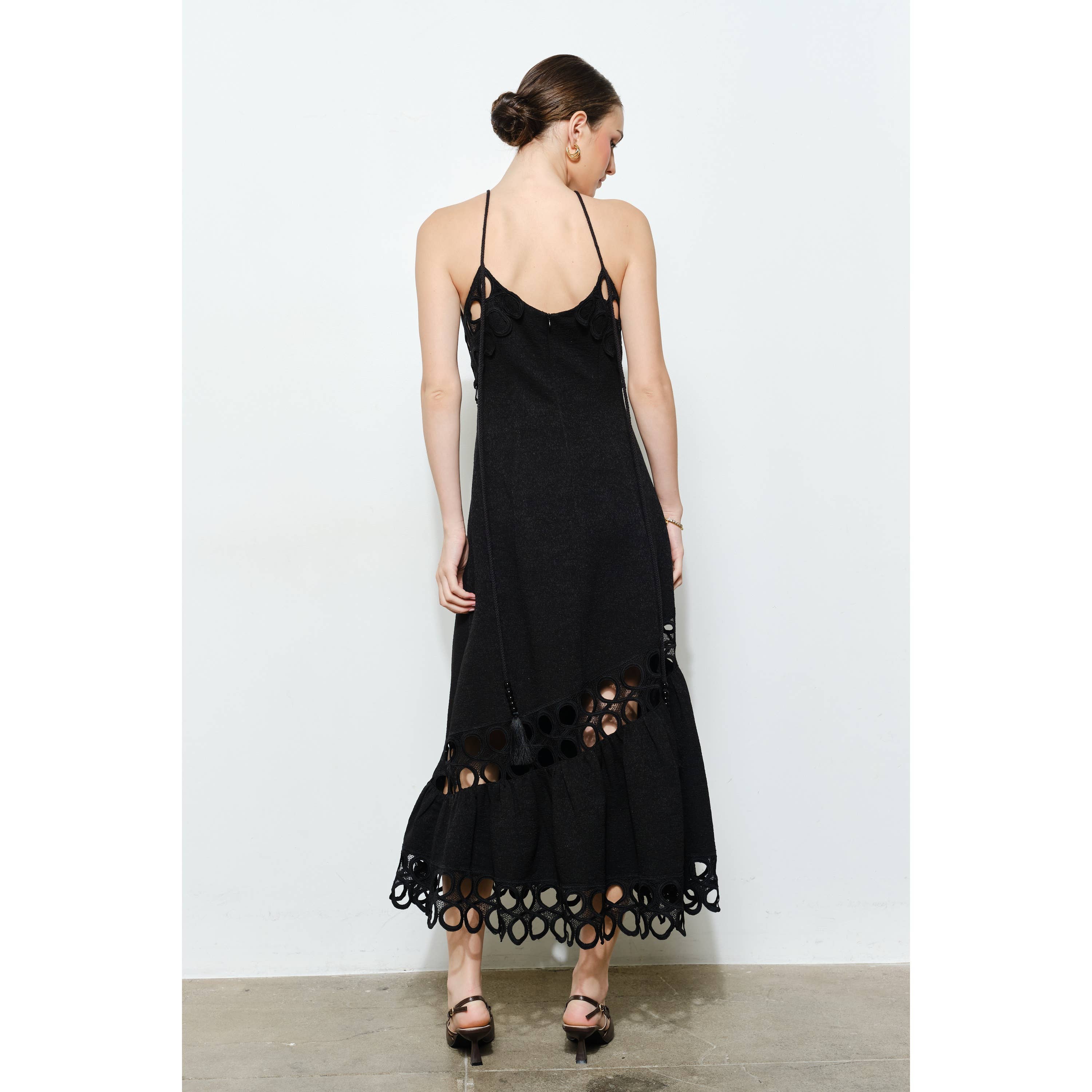 Chic Textured Lace Halter Tassel Draped Midi Dress