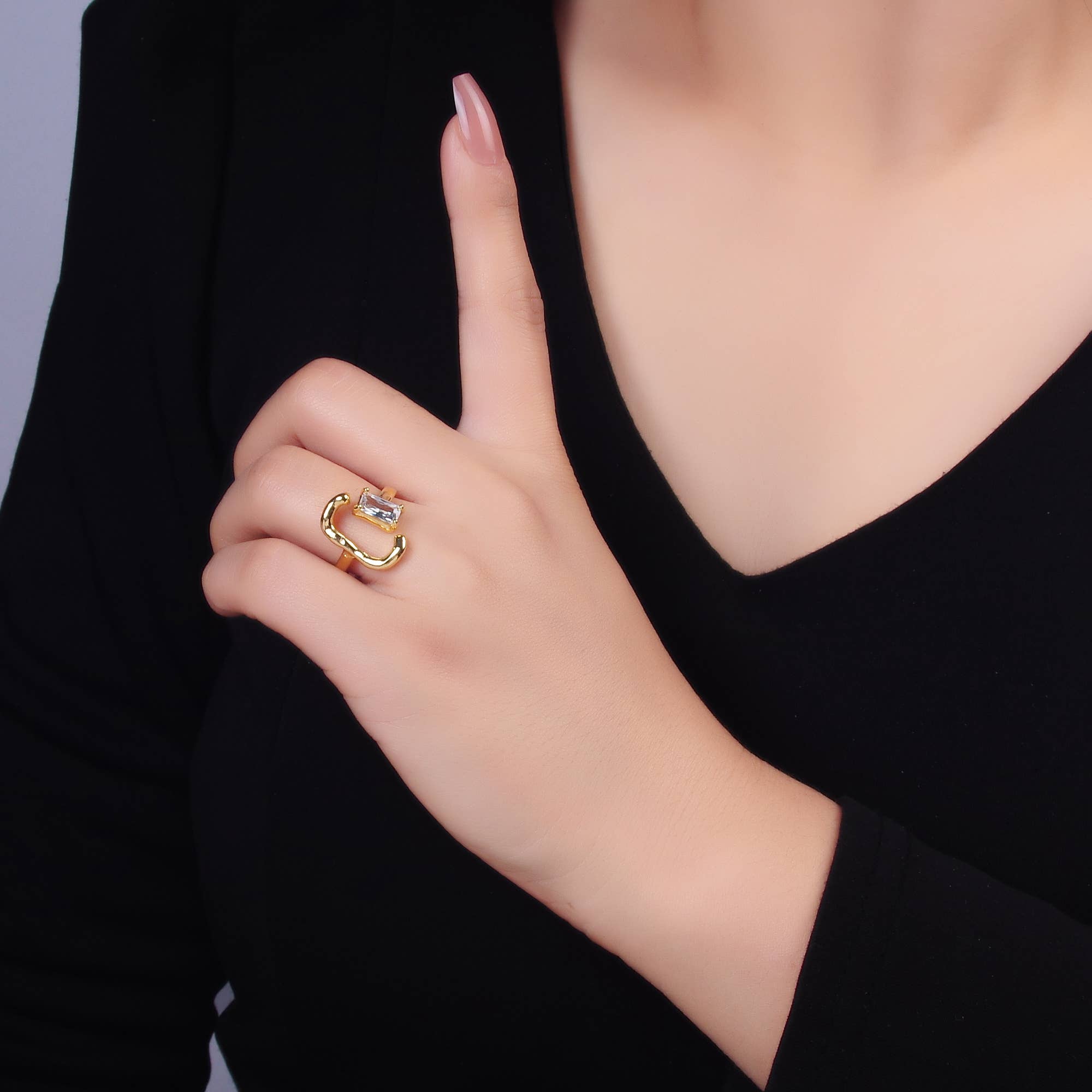 Dainty Gold Hammered C Ring with Emerald Cut CZ Stone