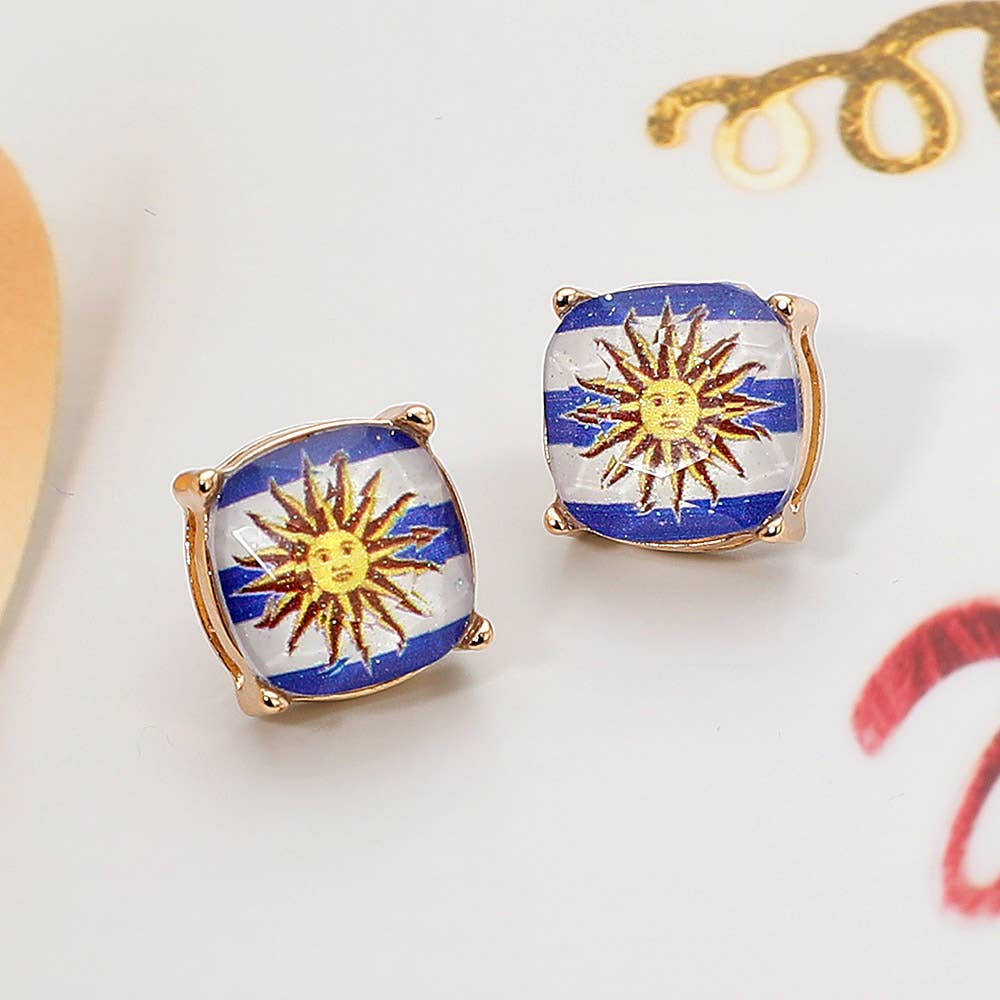 Argentina Flag Printed Faceted Cushion Stud Earrings