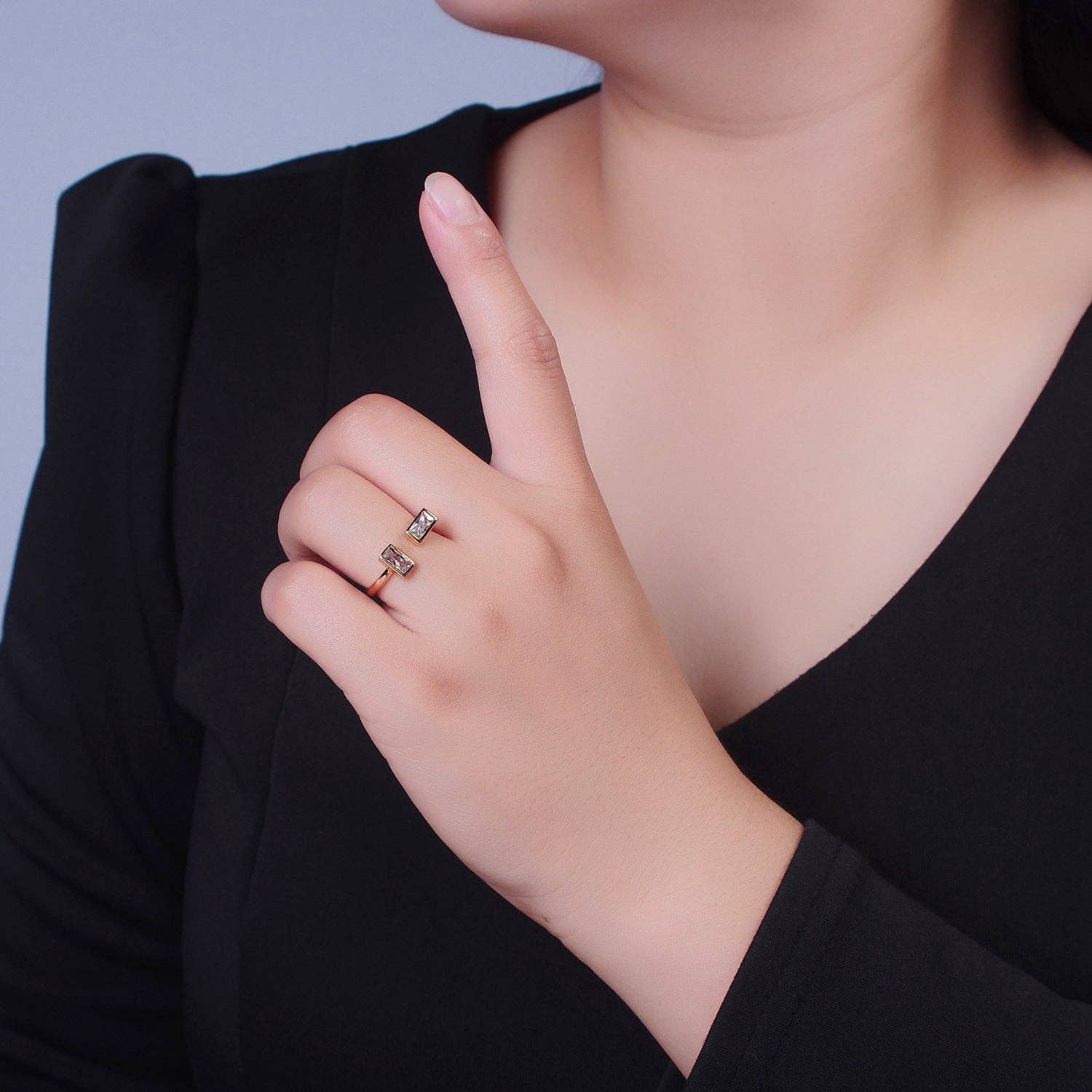 Minimalist Gold Baguette Cubic Zirconia Adjustable Ring X-60