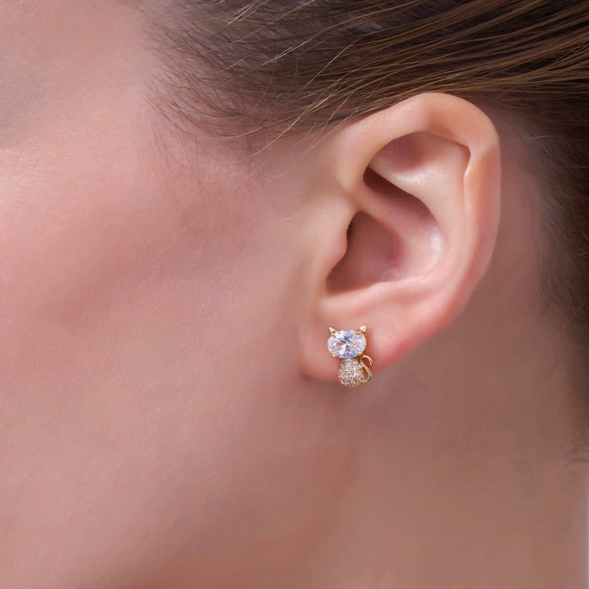 24K Gold Plated Micro Paved CZ Kitten Cat Stud Earrings Set in Gold & Silver | AB222 AB223