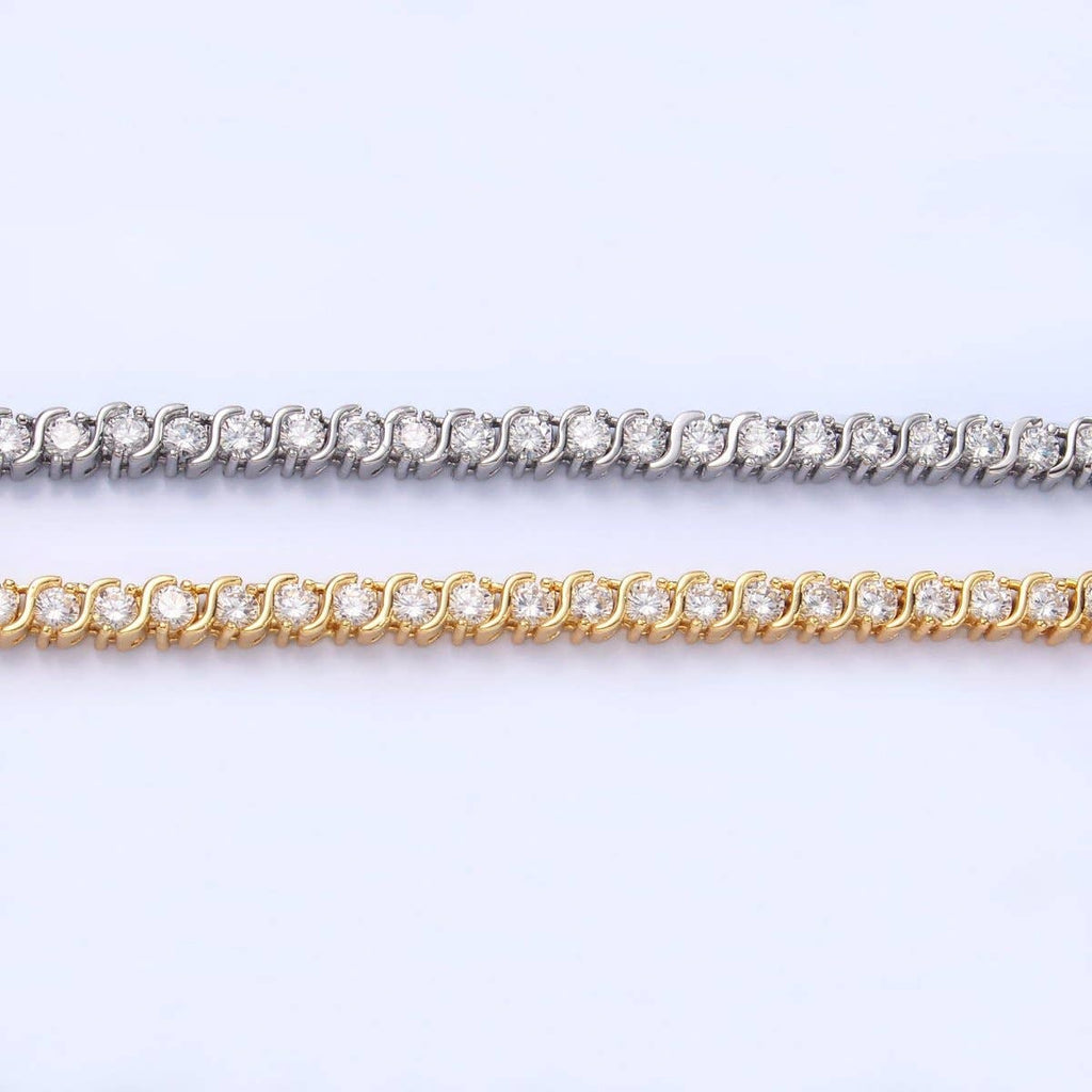 24K Gold Filled Curved S-Link Tennis Chain Bracelet in Gold & Silver | WA-3036 WA-3037