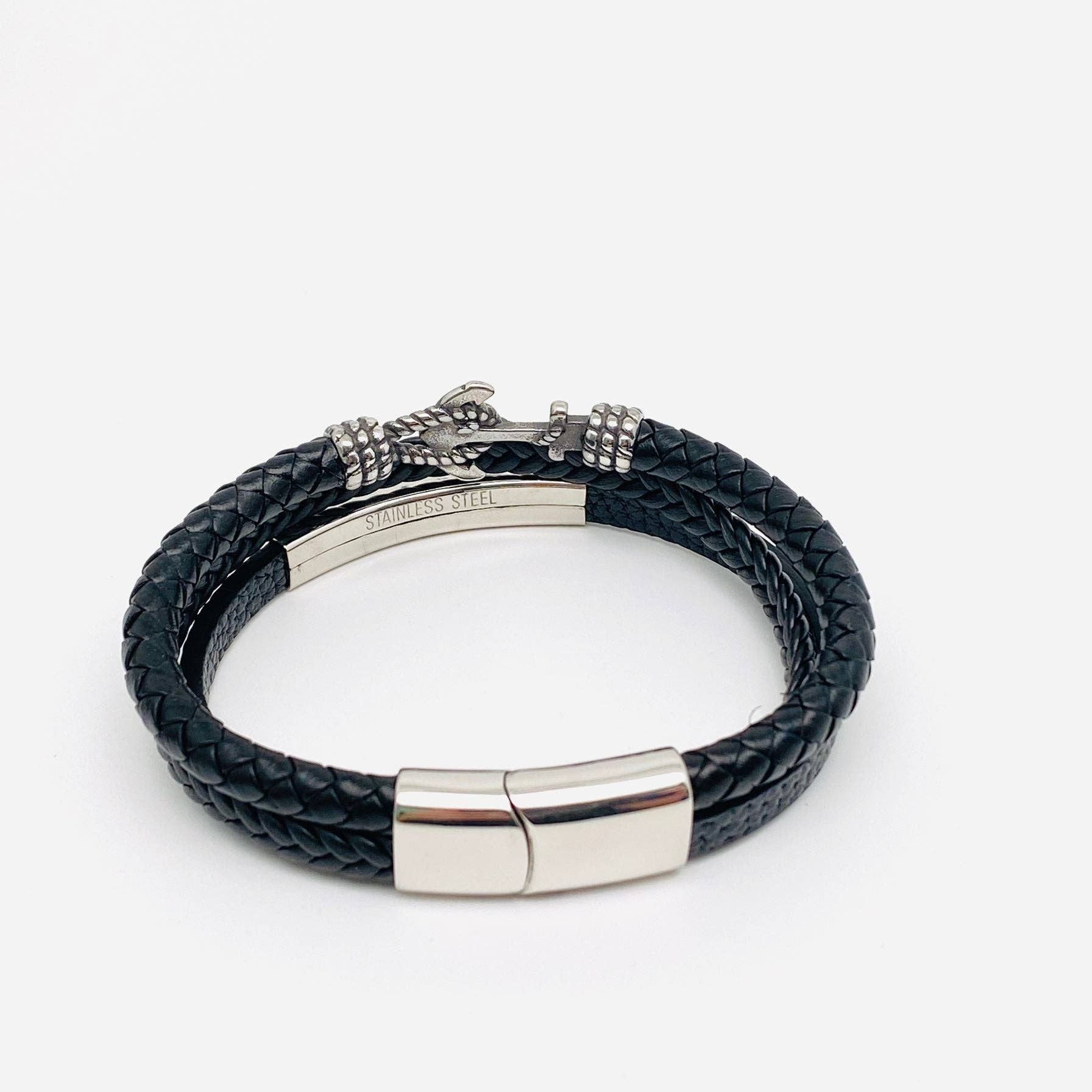Stainless Steel Anchor Leather Bracelet - MJ/BC