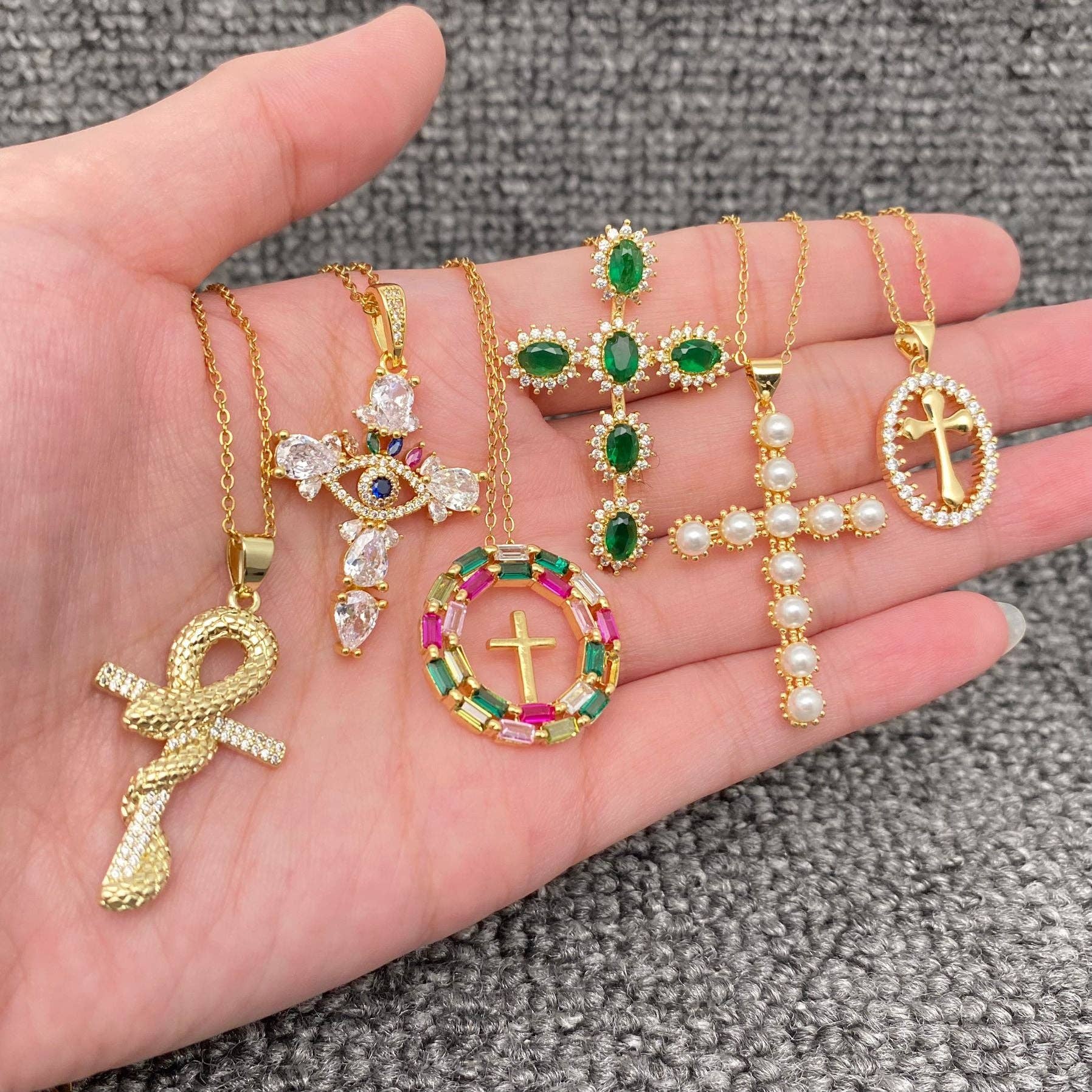 Multi Style Rhinestone & CZ Cross Charm Golden Necklace