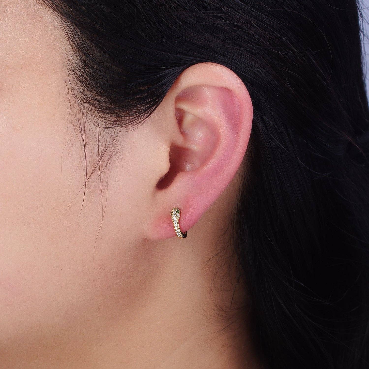 16K Gold Filled Green-Eyed CZ Snake Serpent Huggie Earrings