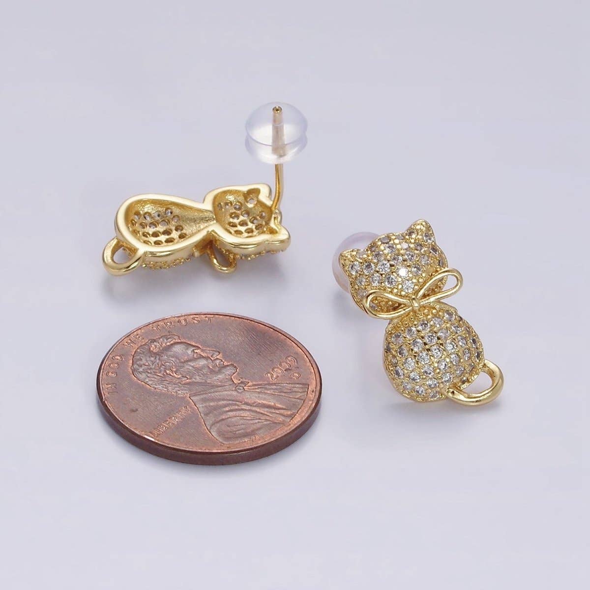 16K Gold Filled Kitty Cat Silhouette Bow Ribbon Micro Paved CZ Stud Earrings | AD-424