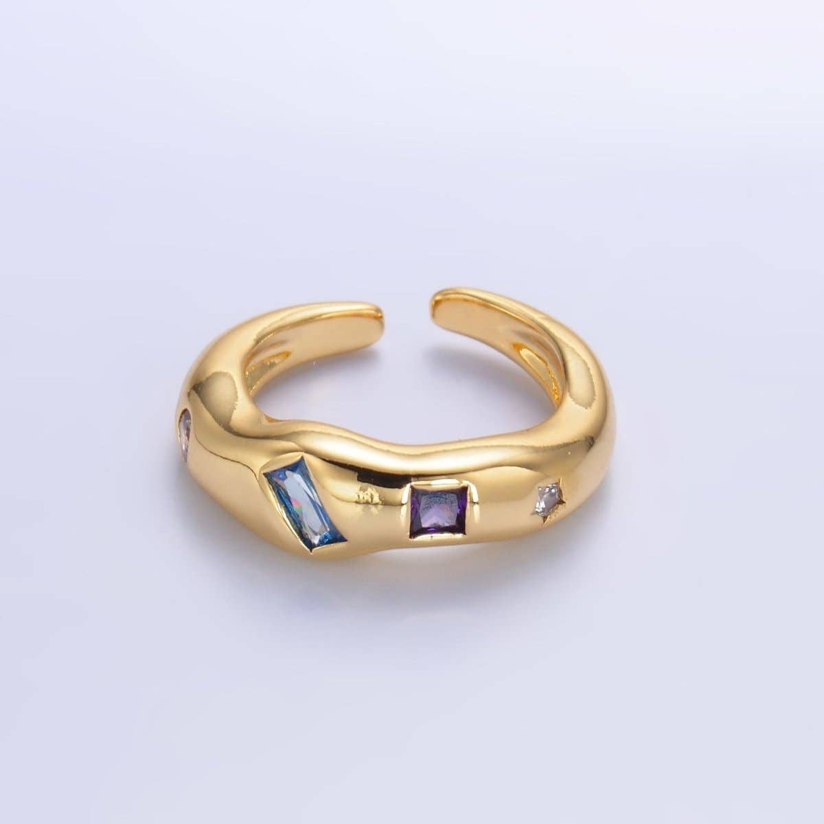 24K Gold Filled Multicolor Baguette CZ Geometric Molten Band Ring in Silver & Gold | O756 O761