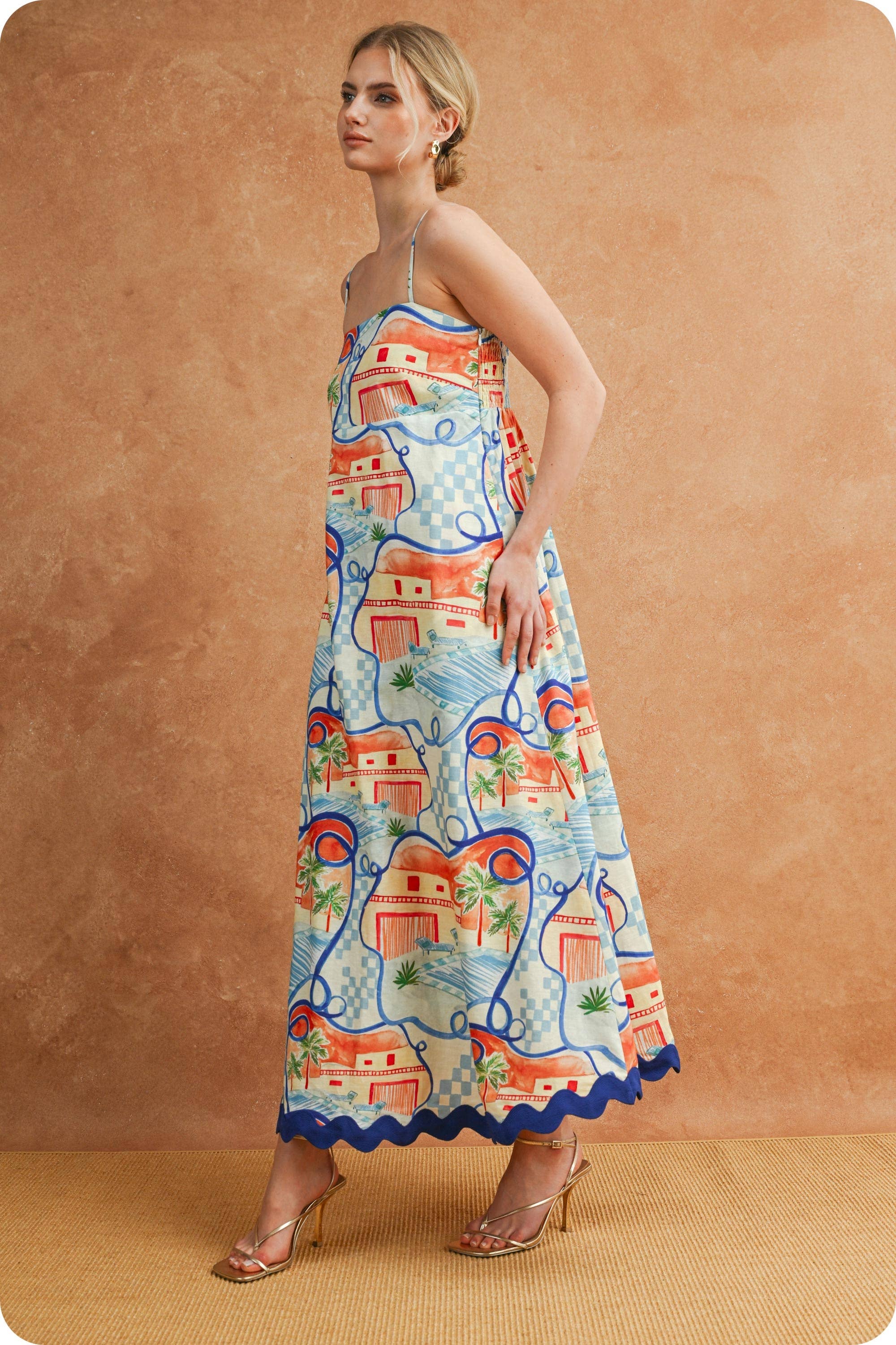 Riviera Dream Scalloped Sleeveless Midi Dress
