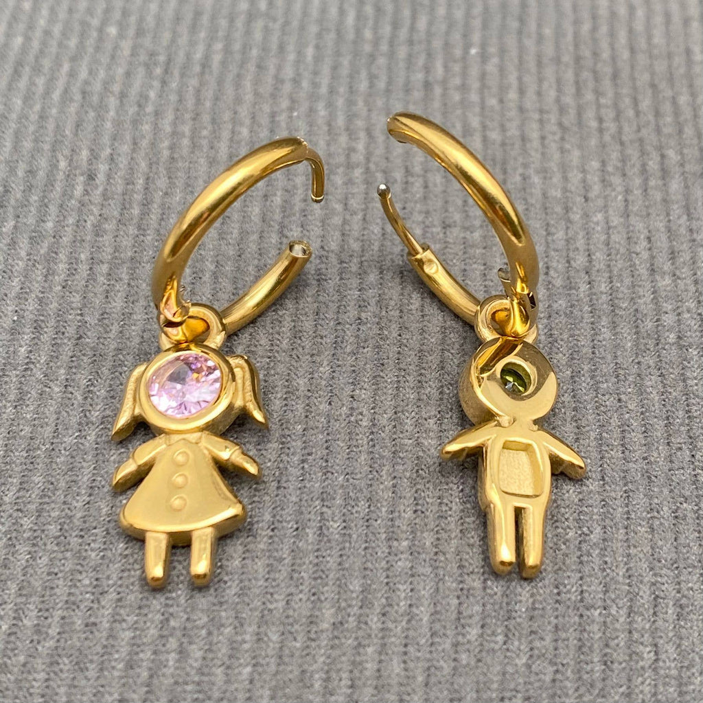 Zircon Inlaid Boy and Girl 18K Golden SS Huggie Earrings - FGS