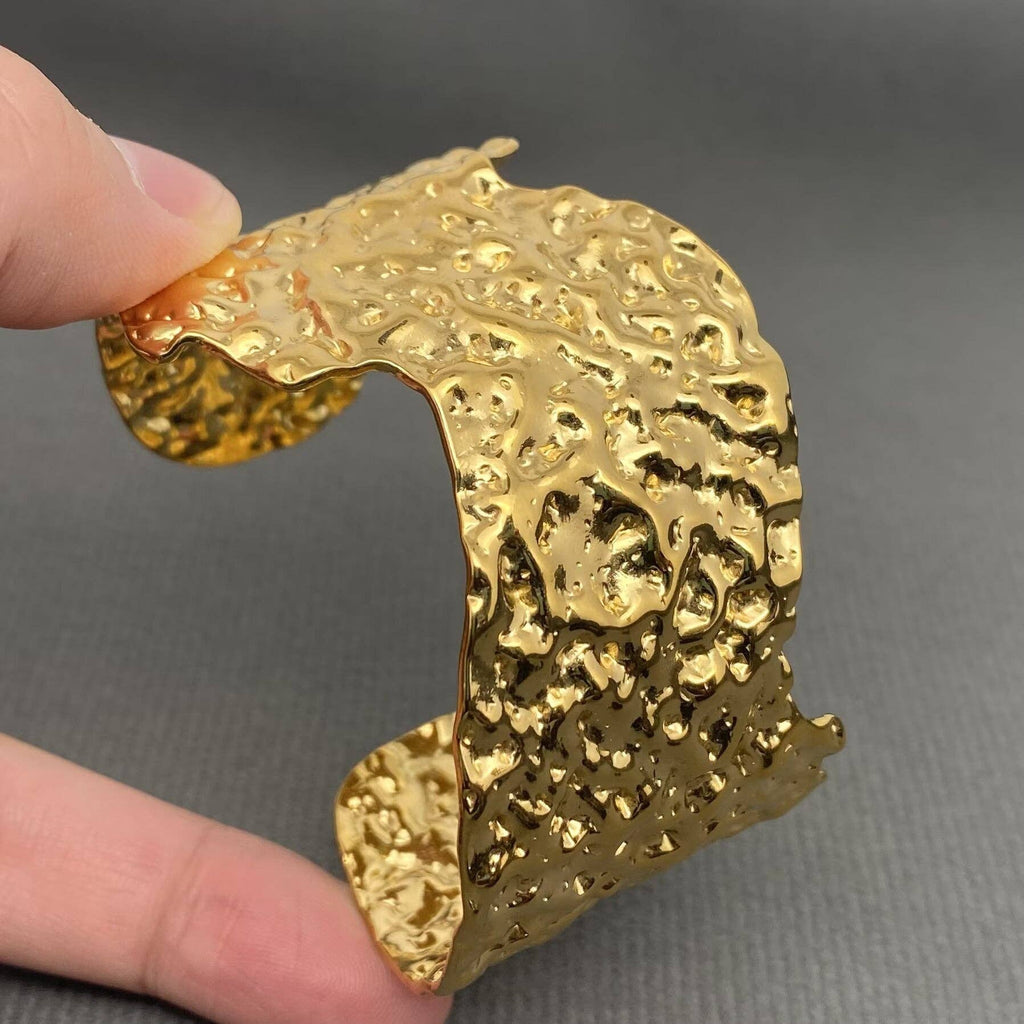 Irregular Hammered texture 18K Golden S.Steel Wide Cuff -FGS