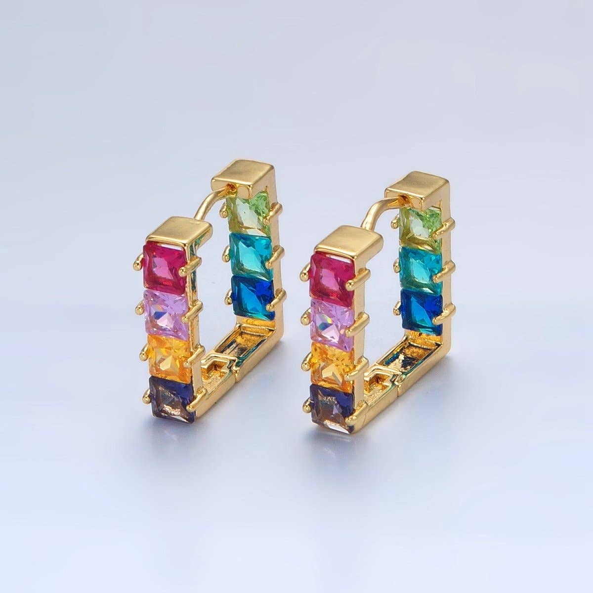 24K Gold Filled Multicolor Square CZ Front-Facing Square Huggie Earrings | AD768