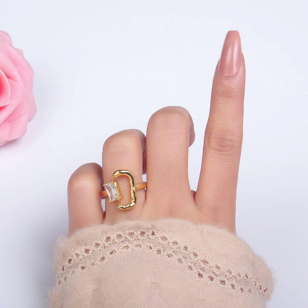 Dainty Gold Hammered C Ring with Emerald Cut CZ Stone
