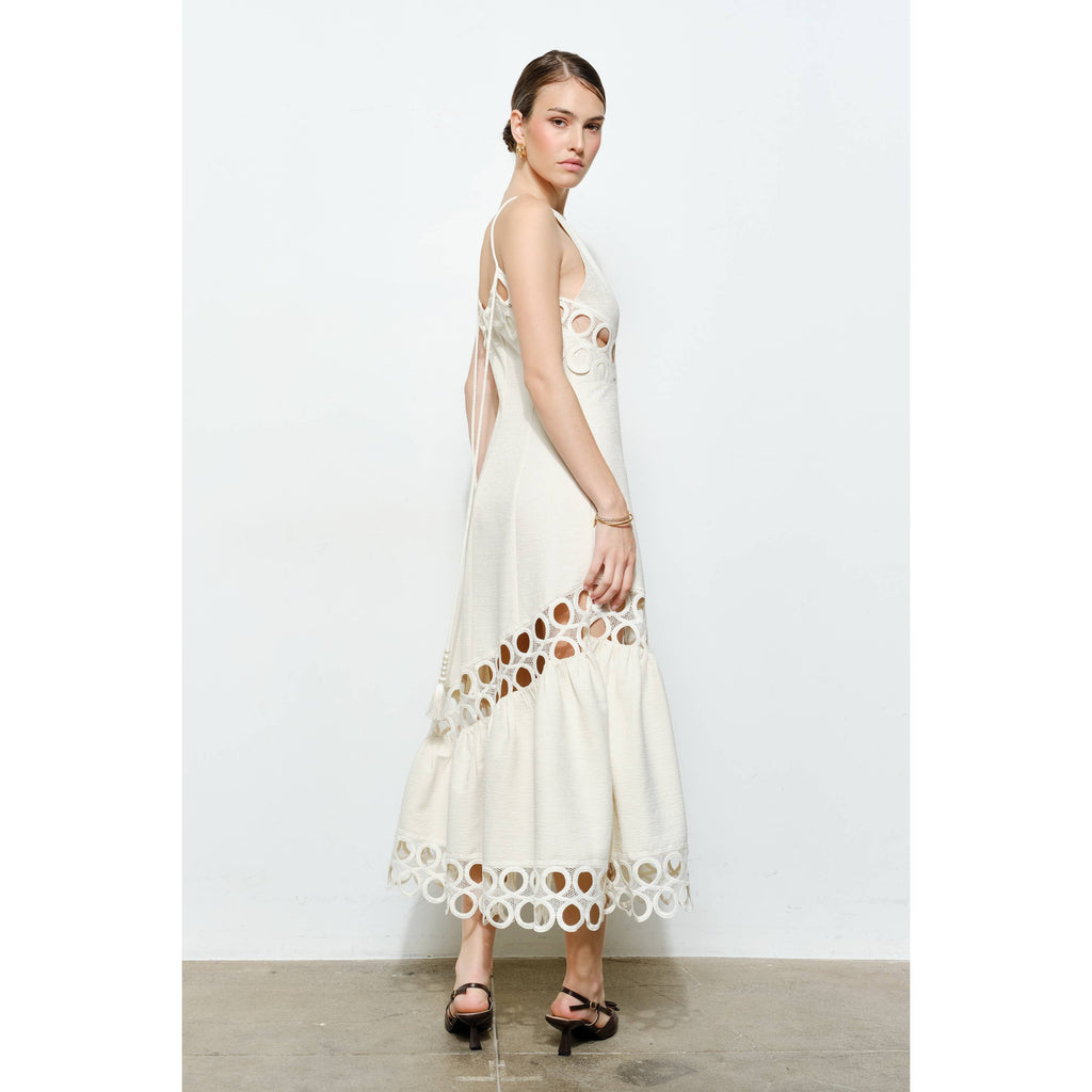 Chic Textured Lace Halter Tassel Draped Midi Dress