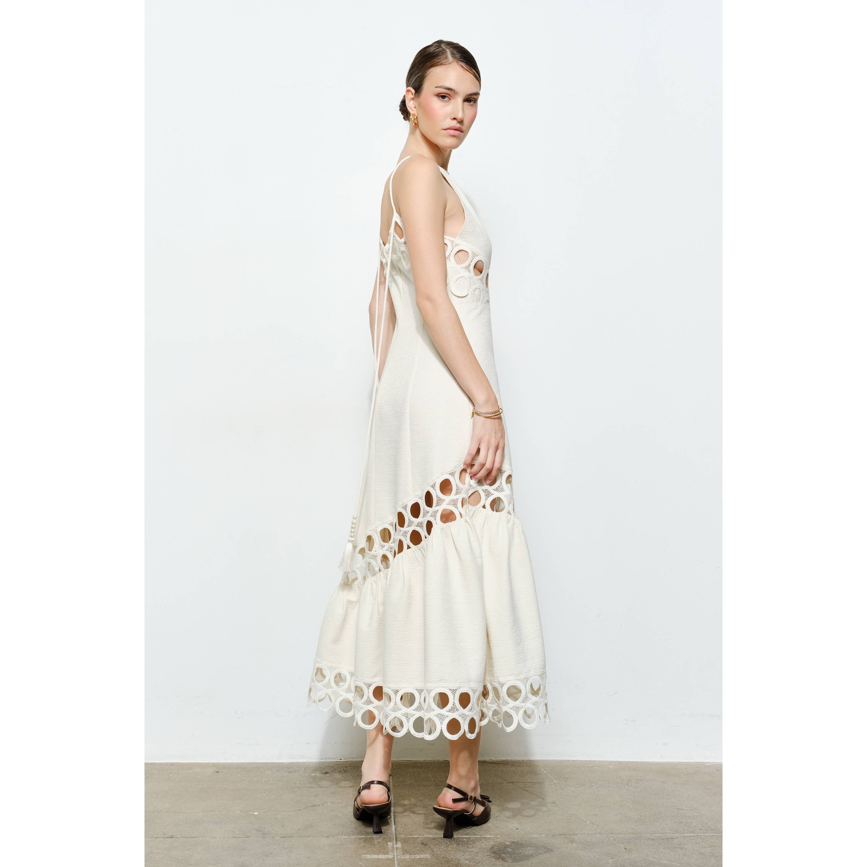 Chic Textured Lace Halter Tassel Draped Midi Dress