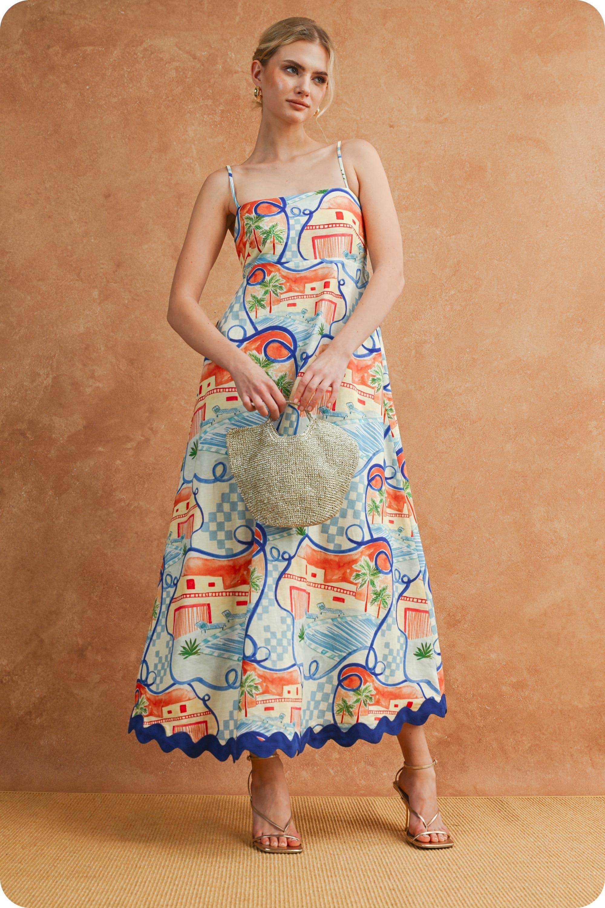 Riviera Dream Scalloped Sleeveless Midi Dress