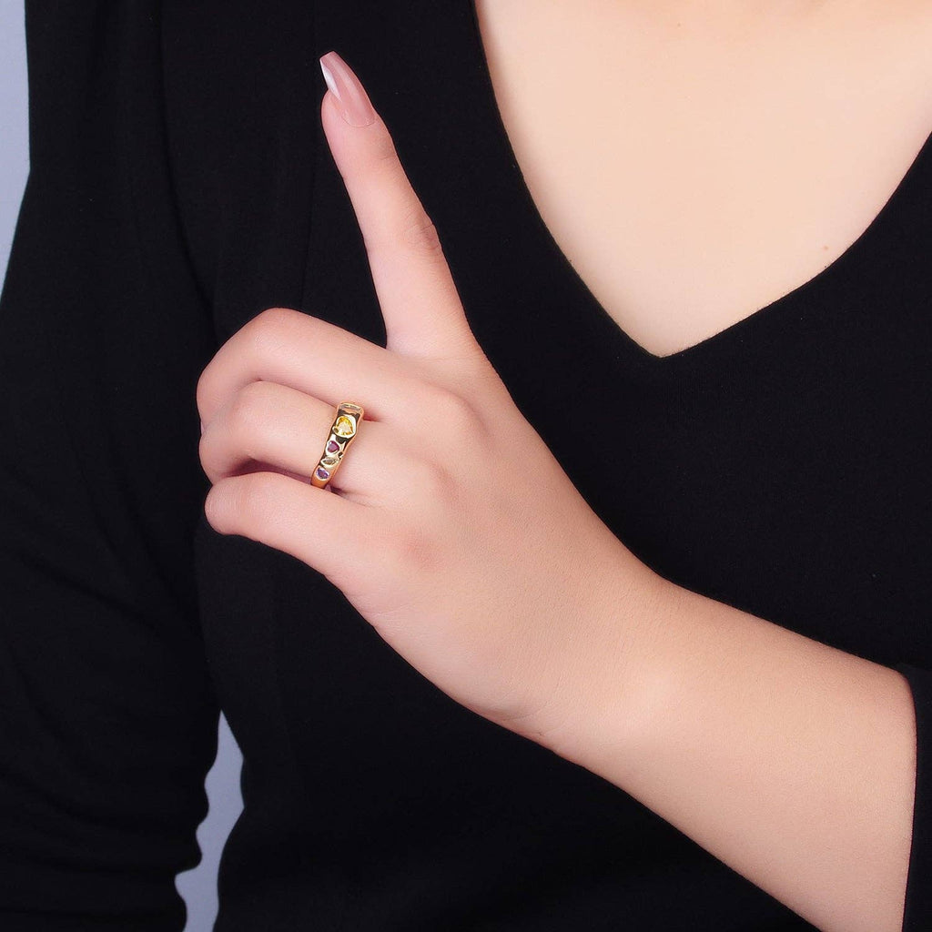 24K Gold Filled Multicolor Geometric Heart Baguette CZ Ring in Gold & Silver | O740 O743
