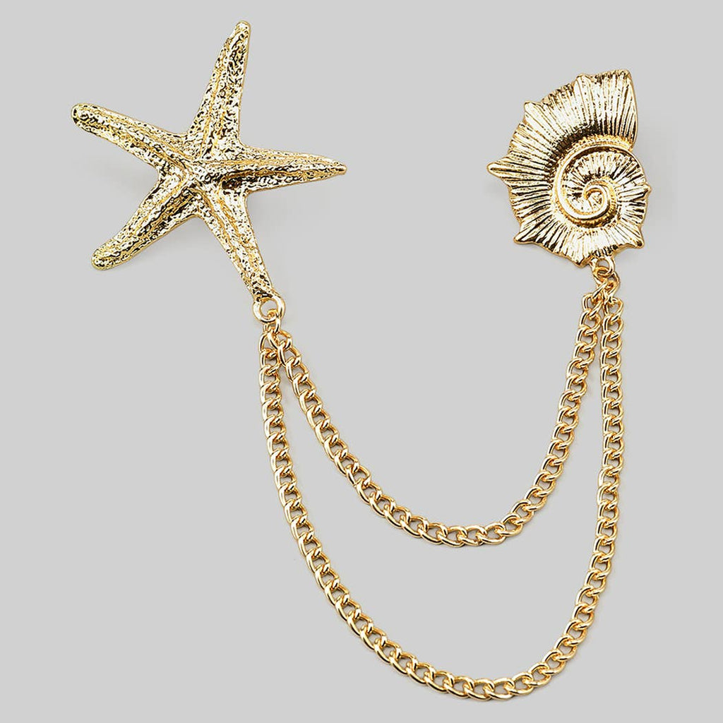 TWO PIECE DROOPING CHAIN STARFISH SHELL BROOCH PIN