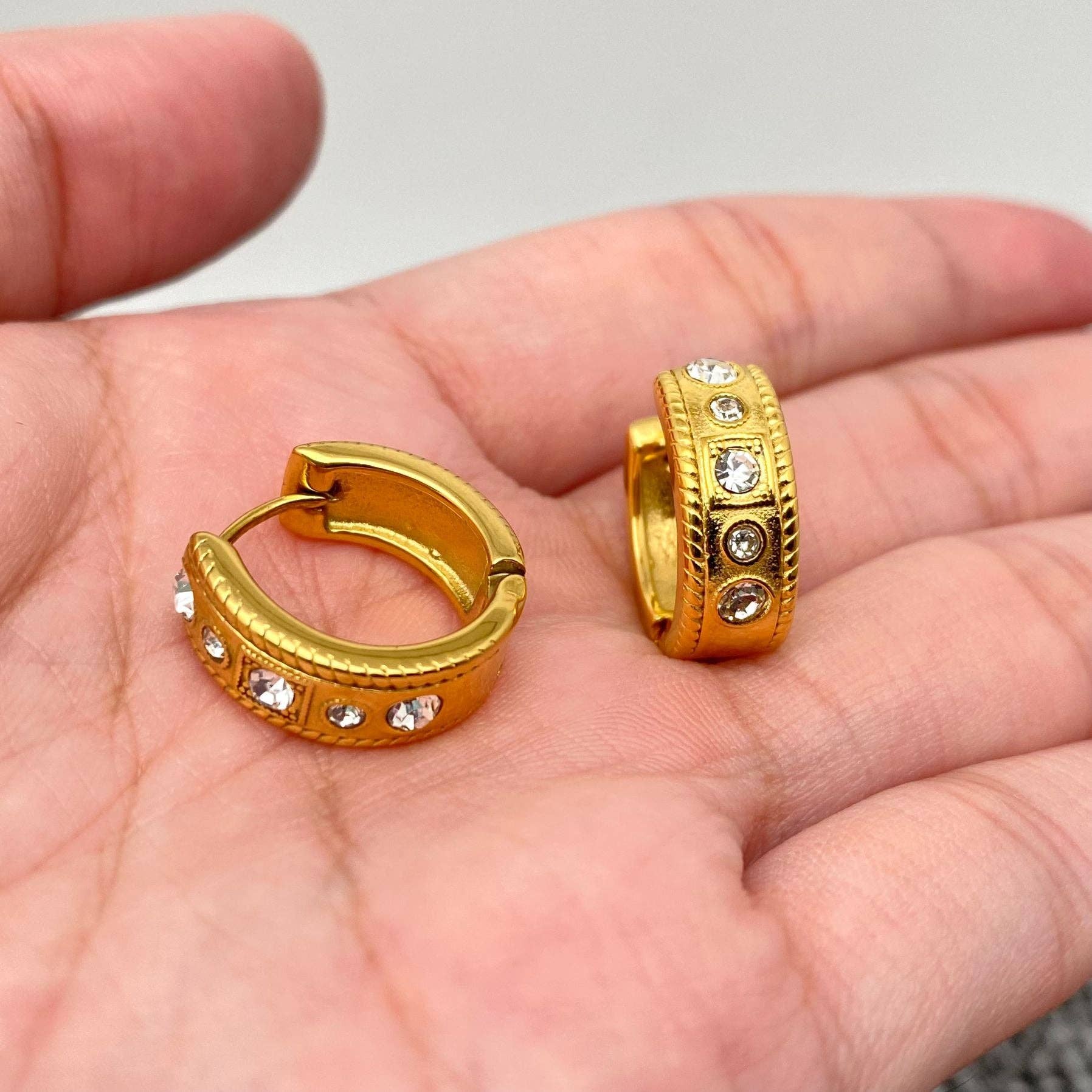 Inlaid CZ 18K Gold Plated Stainless Steel Huggie Earrings - FGS