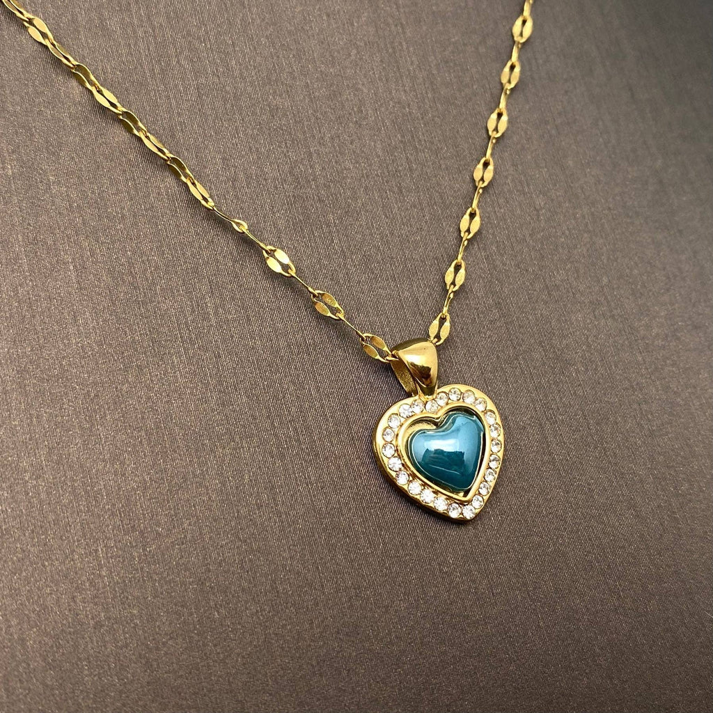 FGS - Enamel Heart 18K Golden Steel charm Inlaid CZ Necklace