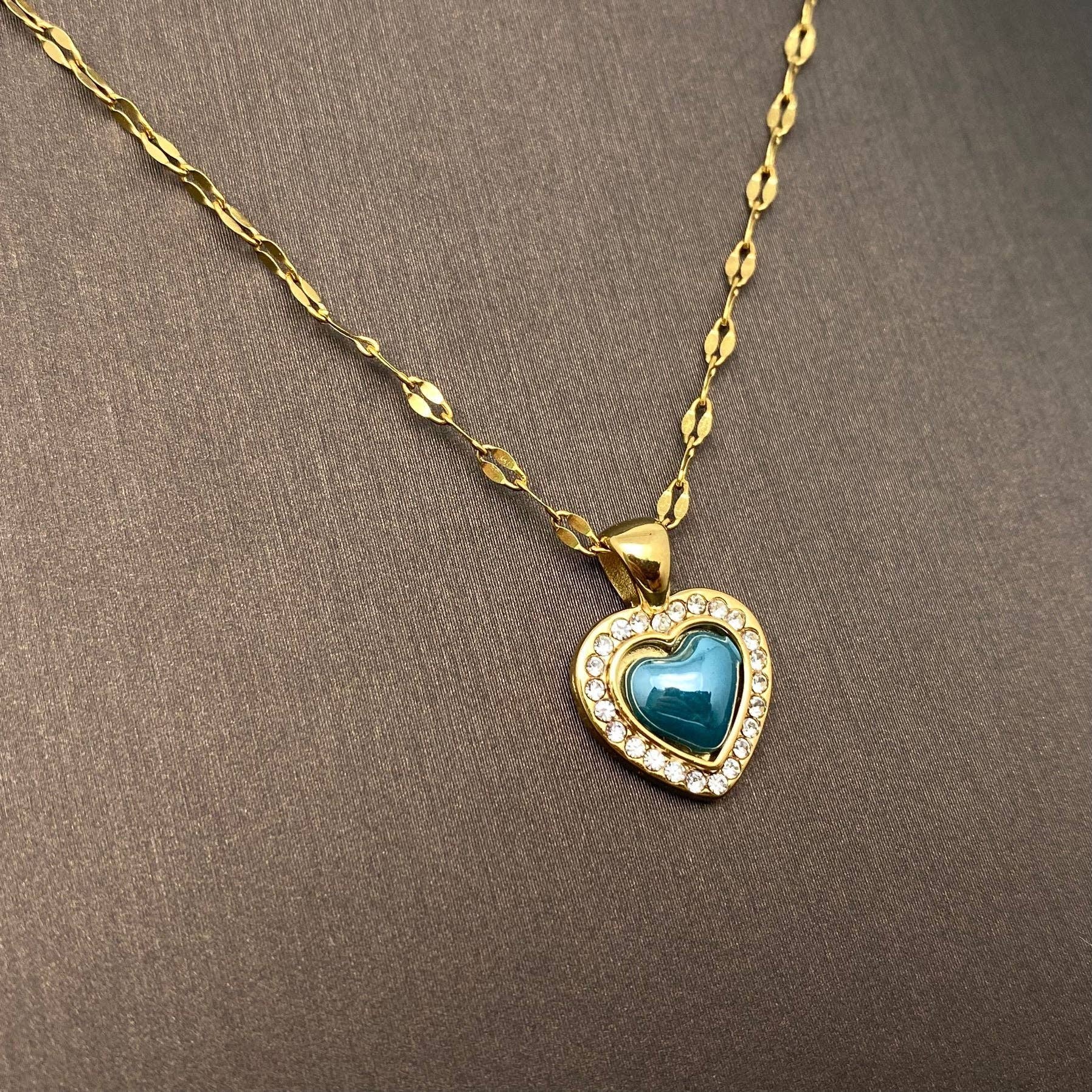 FGS - Enamel Heart 18K Golden Steel charm Inlaid CZ Necklace