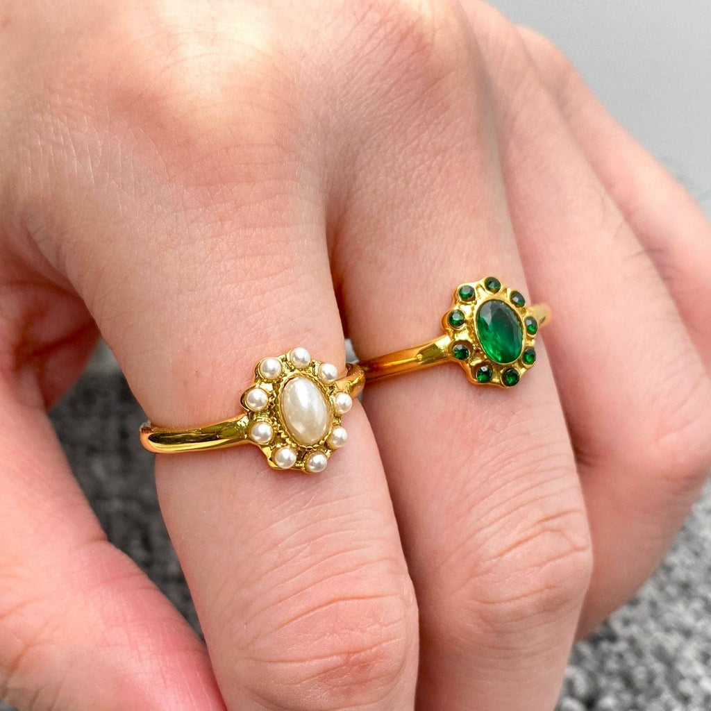Vintage Inlaid CZ & Pearl 18K Gold Plated SS Ring - FGS