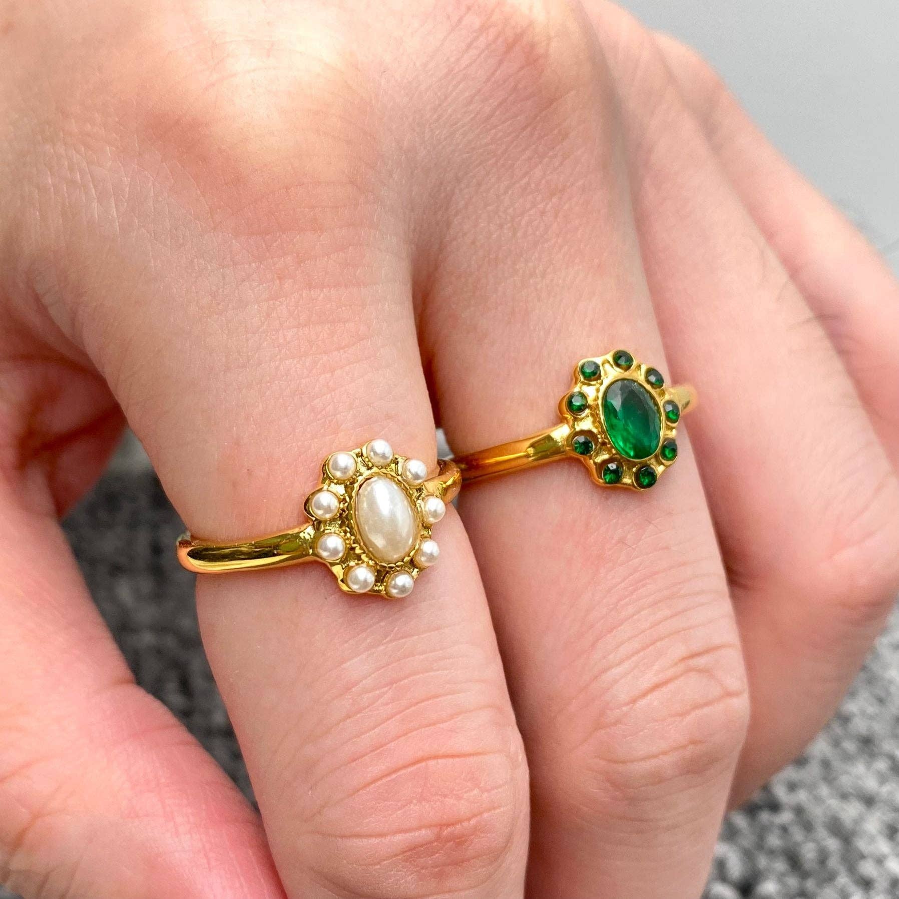 Vintage Inlaid CZ & Pearl 18K Gold Plated SS Ring - FGS