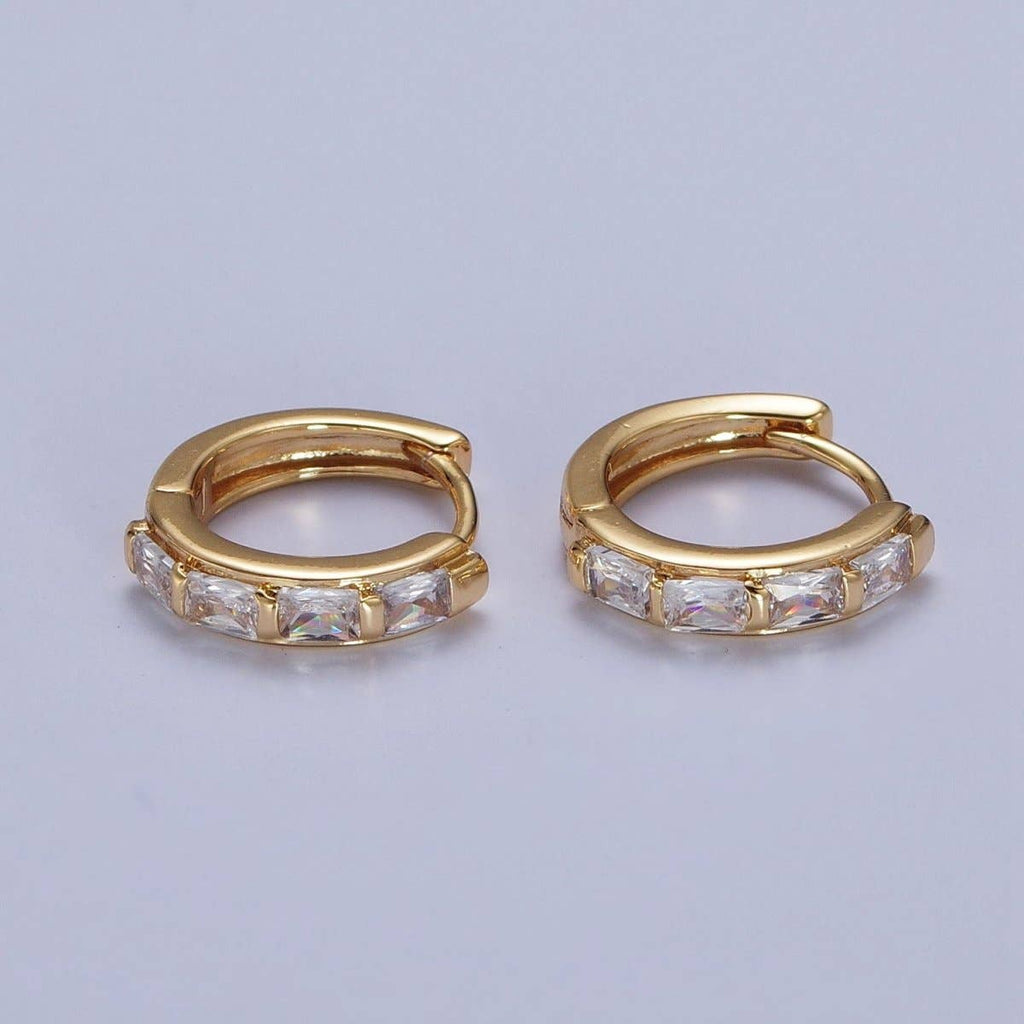 16K Gold Filled Baguette Cubic Zirconia Lined 13x14mm Huggie Hoops Earrings | AD-495