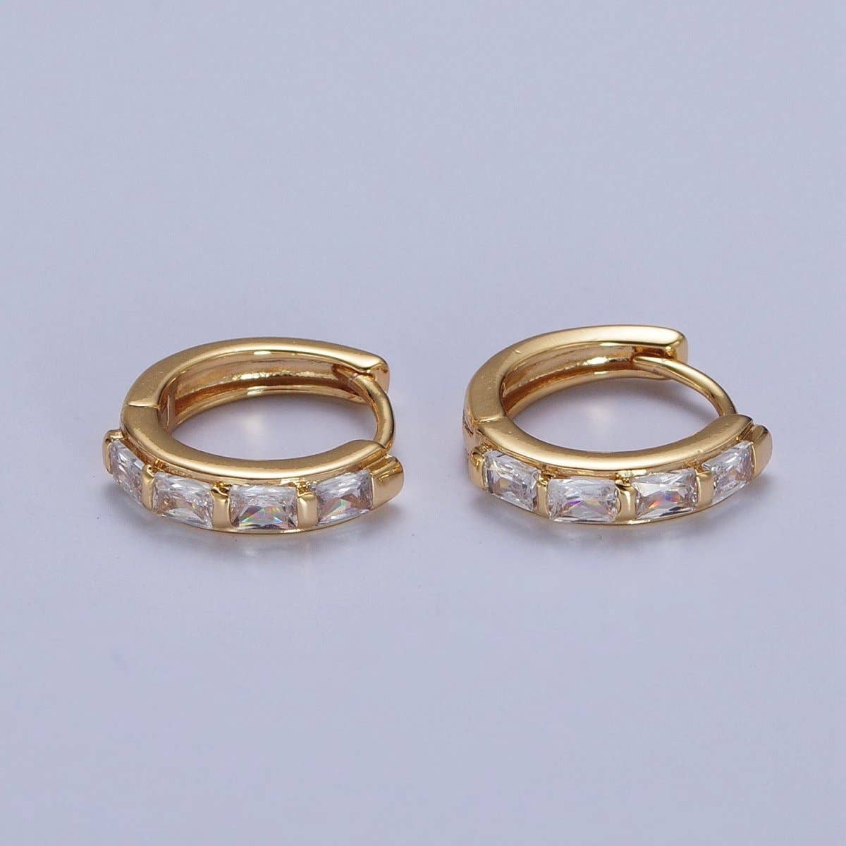 16K Gold Filled Baguette Cubic Zirconia Lined 13x14mm Huggie Hoops Earrings | AD-495
