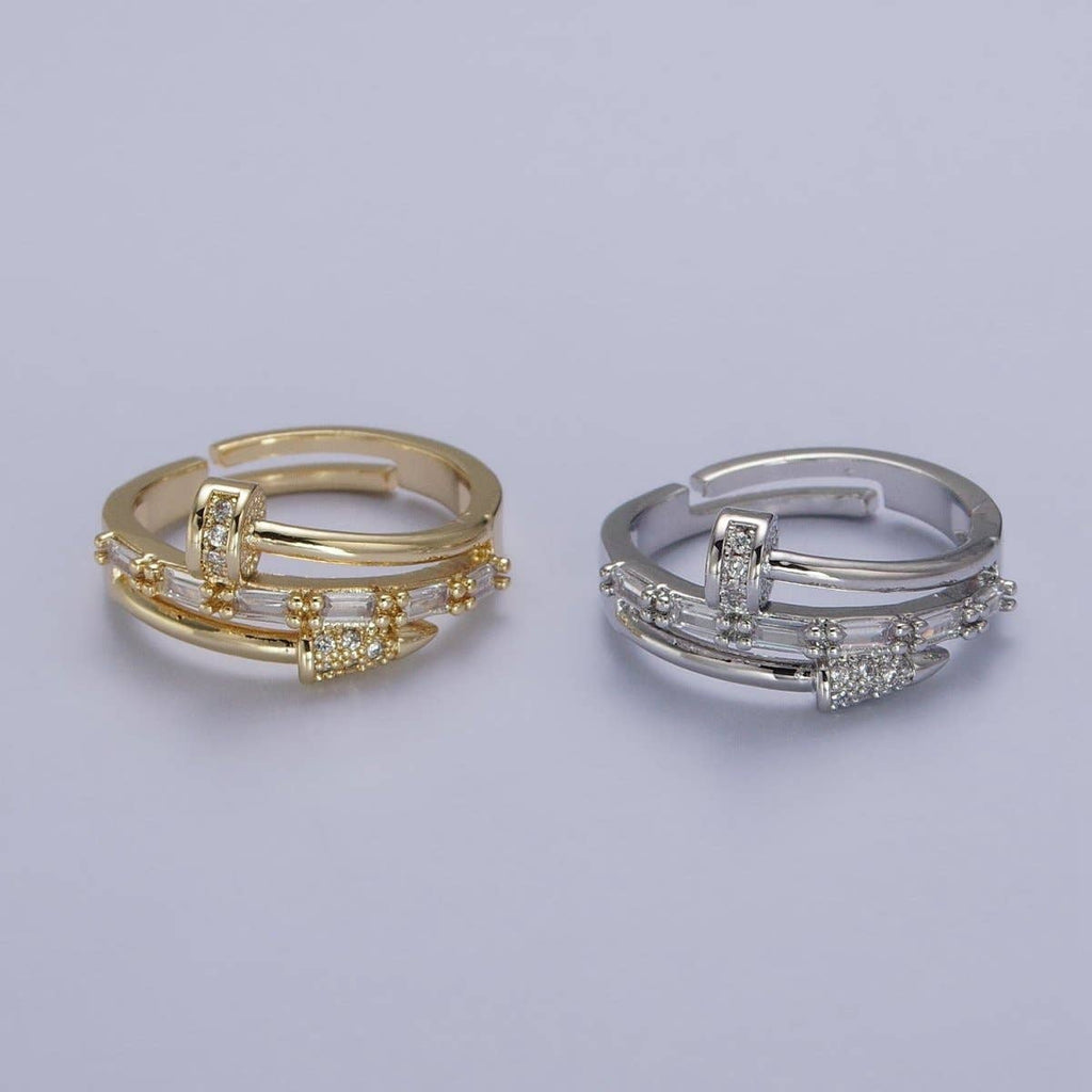 Clear Micro Paved Baguette Adjustable Nail Ring in Gold & Silver |  O-258