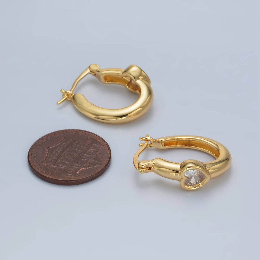 24K Gold Filled Heart CZ Oblong Latch Hoop Earring | AB-1229