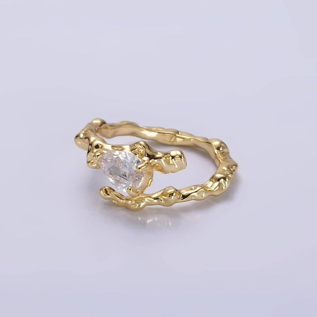14K Gold Filled Clear CZ Teardrop Molten Drip Open Ring | O-603
