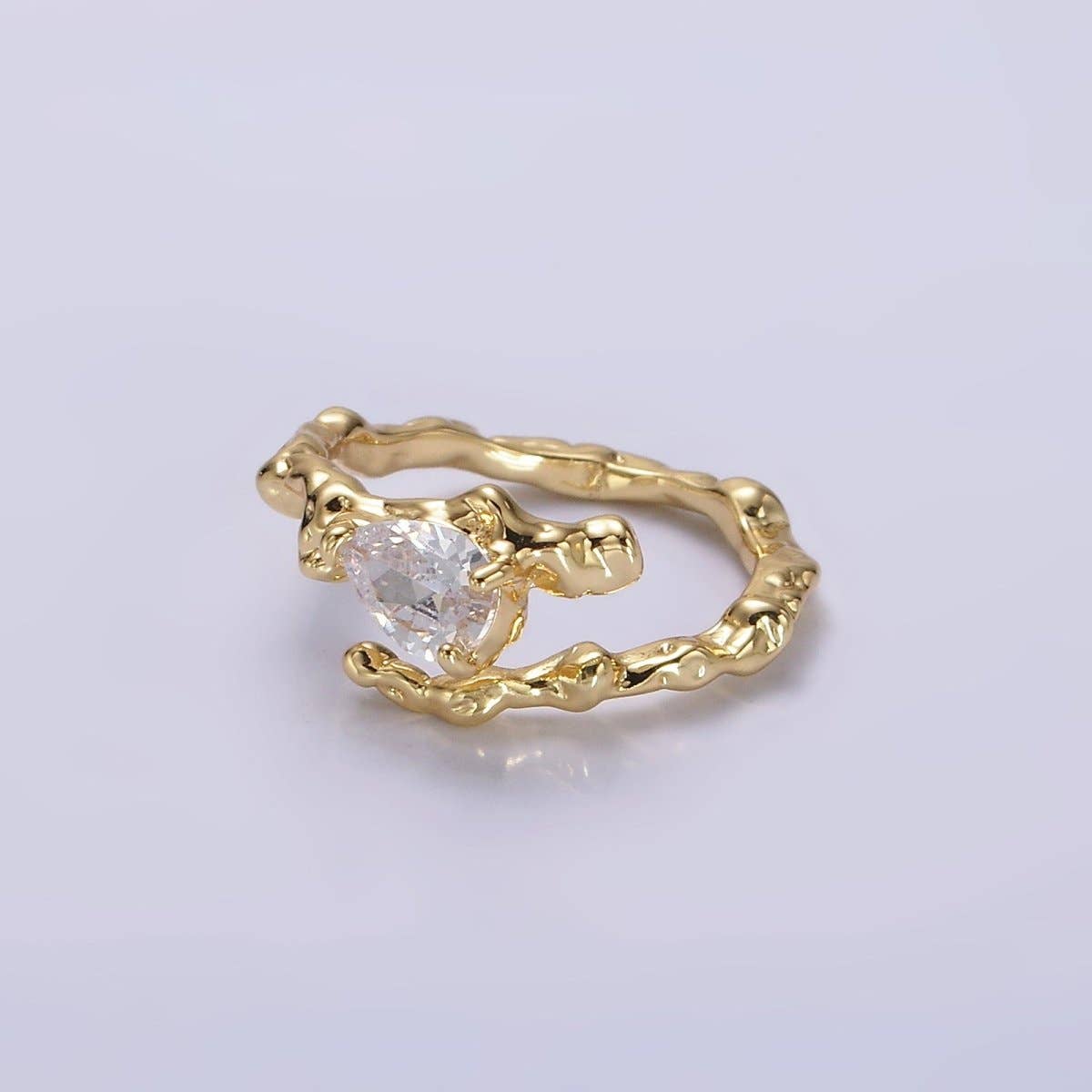 14K Gold Filled Clear CZ Teardrop Molten Drip Open Ring | O-603