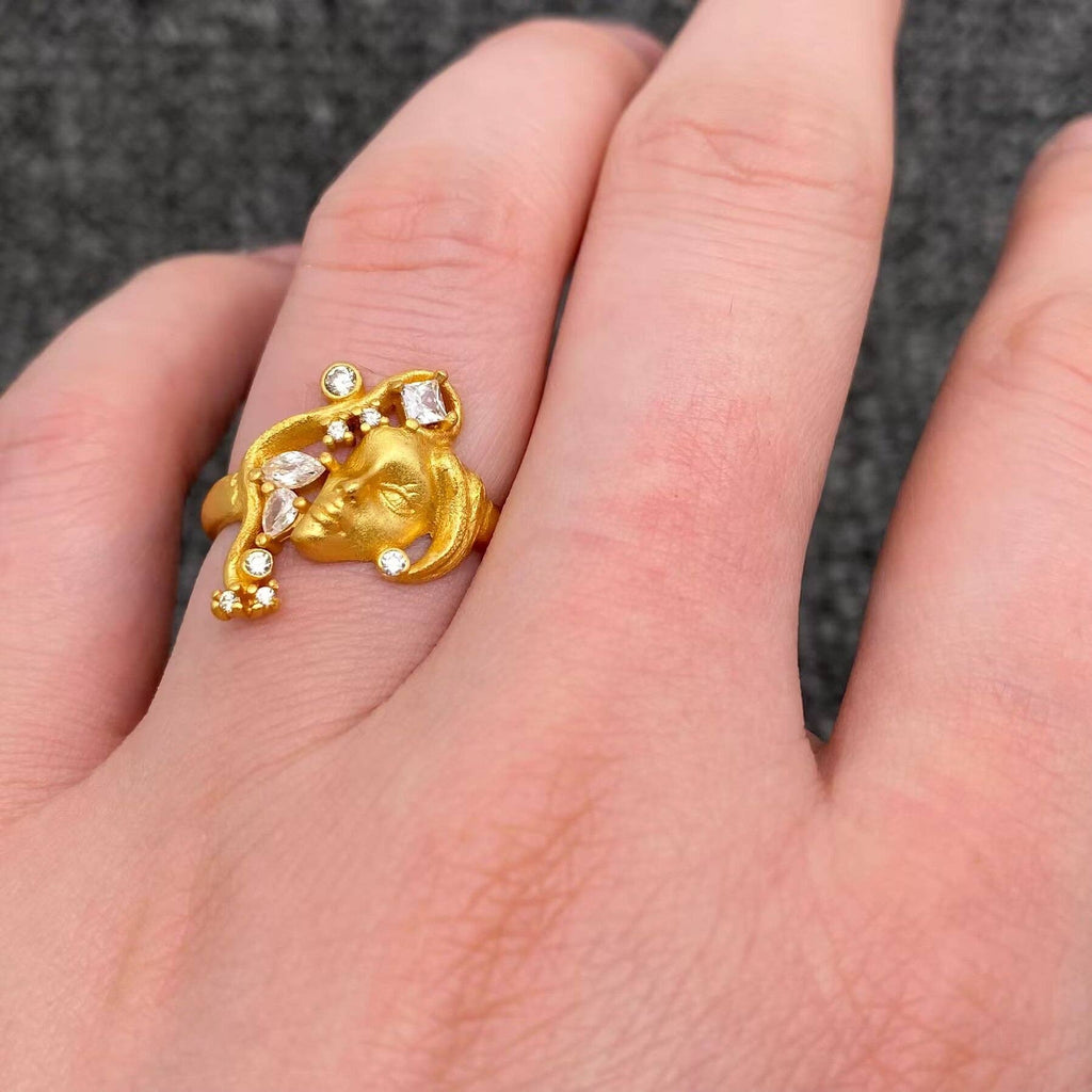 Vintage Beauty Portrait Inlaid CZ 14K Matted Gold Plated Ring