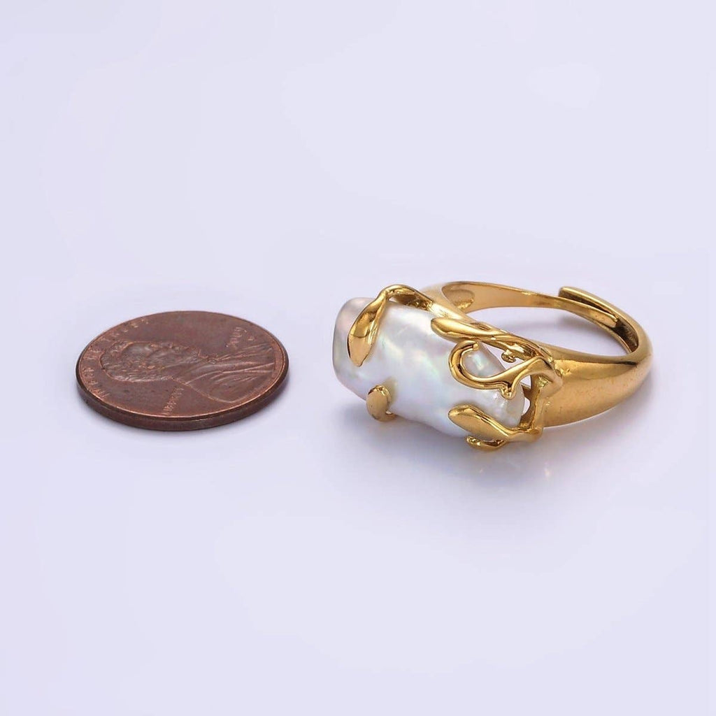 18K Gold Filled White Baroque Freshwater Pearl Molten Drip Ring in Gold & Silver | O-608 O-609