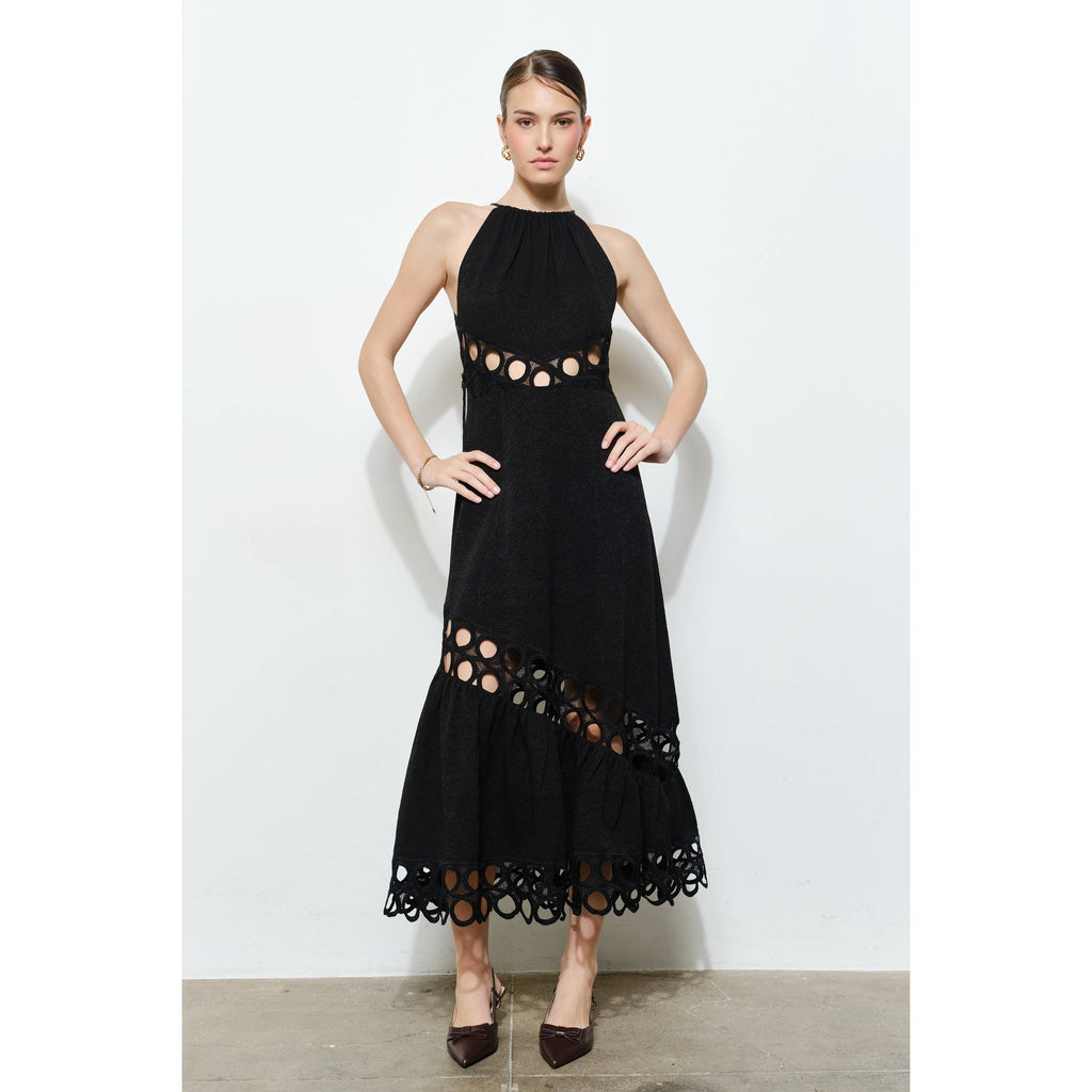 Chic Textured Lace Halter Tassel Draped Midi Dress