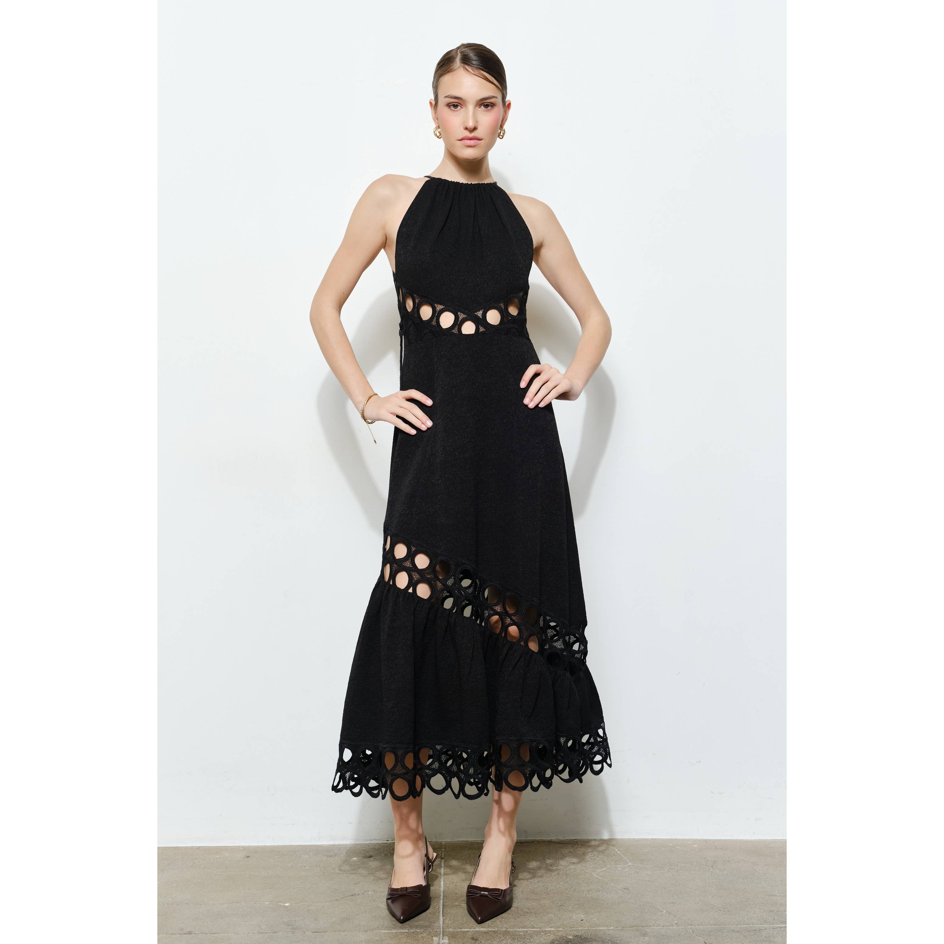 Chic Textured Lace Halter Tassel Draped Midi Dress
