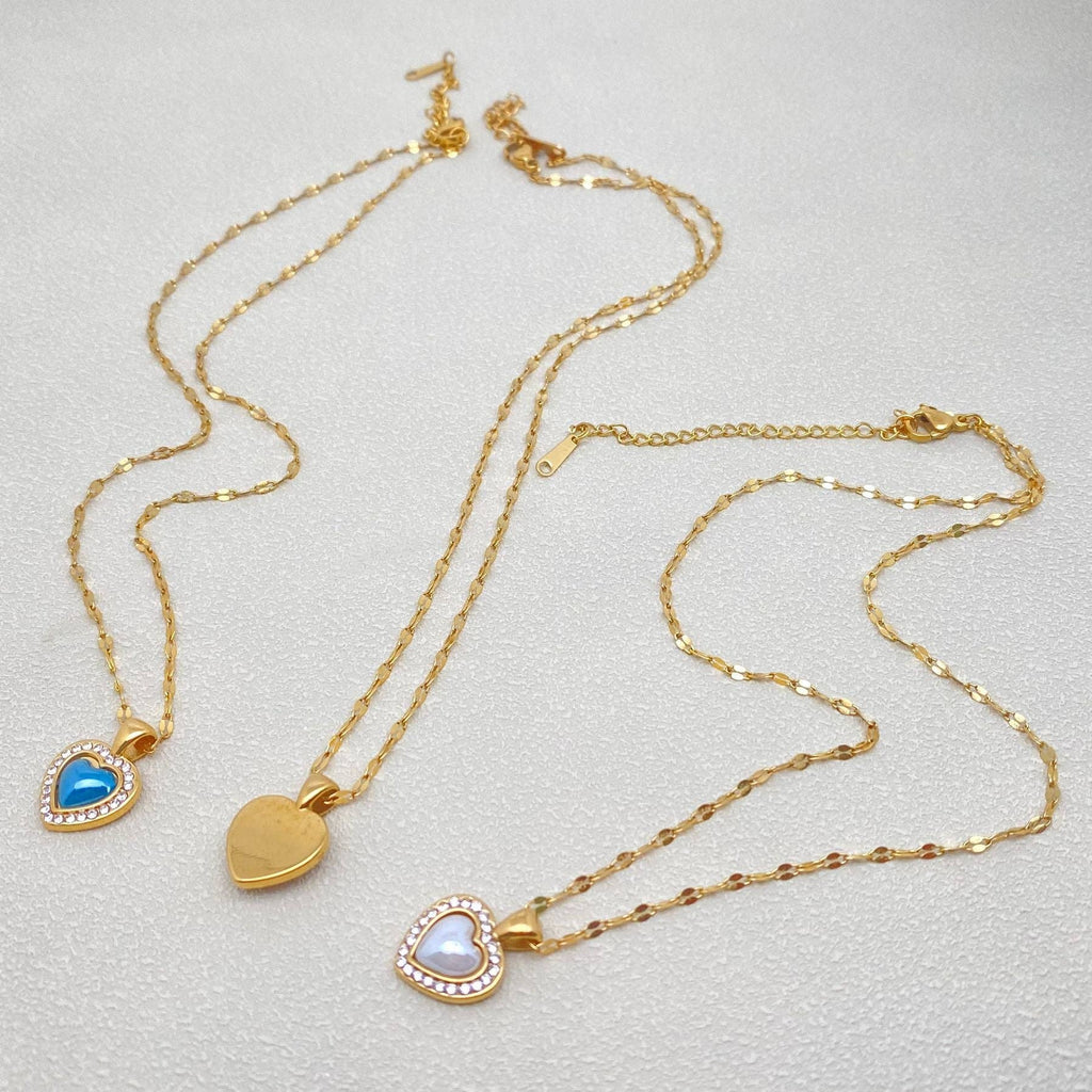 FGS - Enamel Heart 18K Golden Steel charm Inlaid CZ Necklace