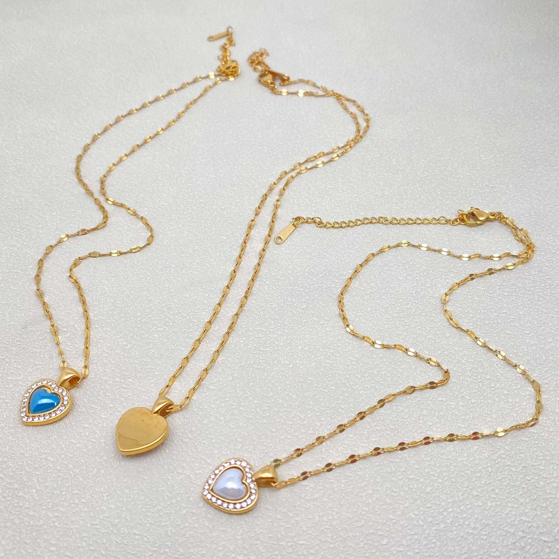 FGS - Enamel Heart 18K Golden Steel charm Inlaid CZ Necklace