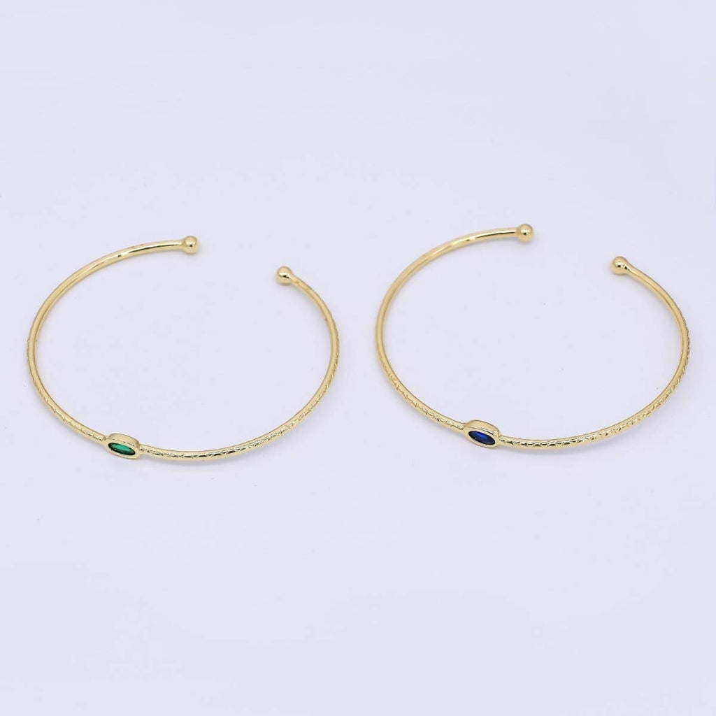24K Gold Filled Blue CZ Simple Solitaire Cuff Bracelet | WA-3403