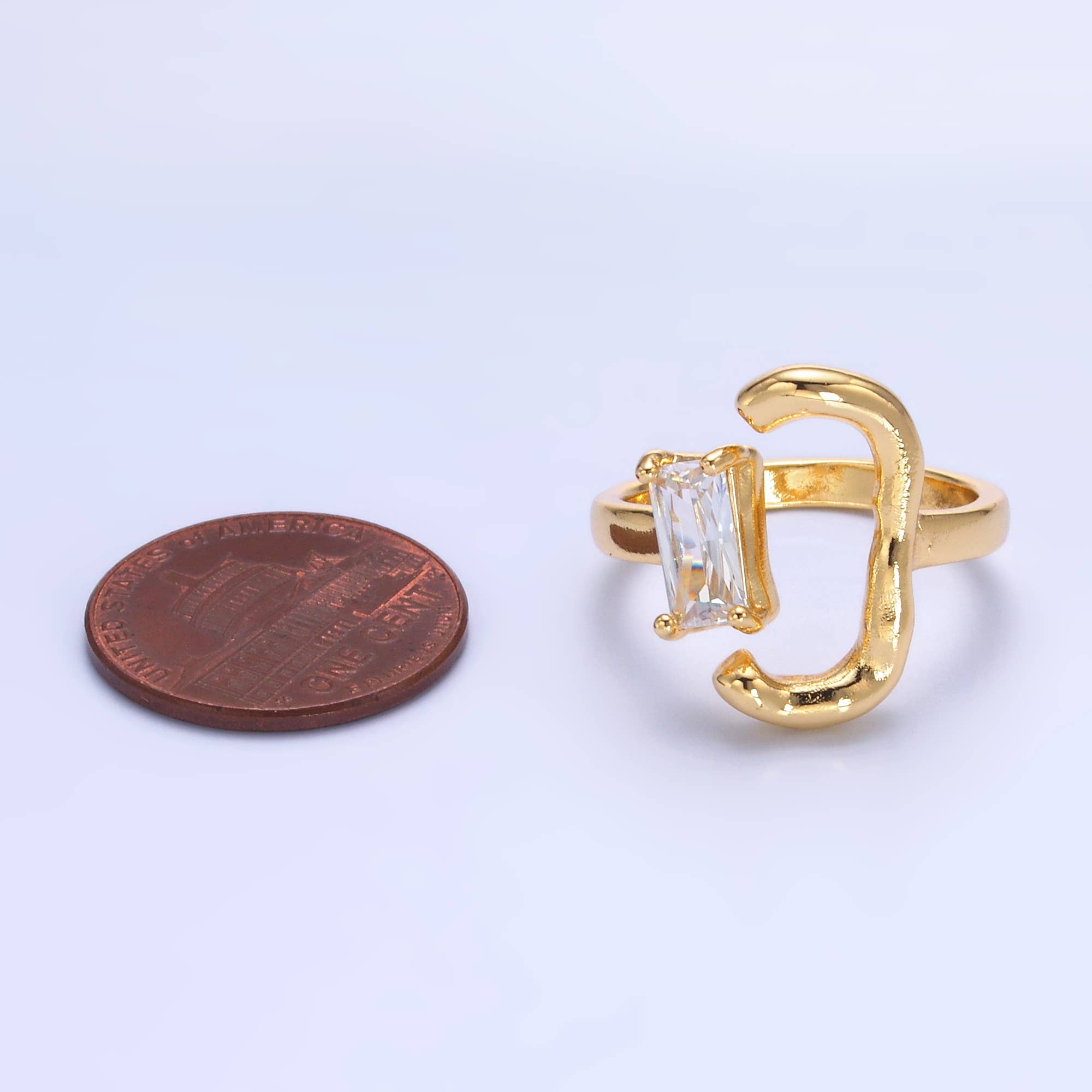 Dainty Gold Hammered C Ring with Emerald Cut CZ Stone
